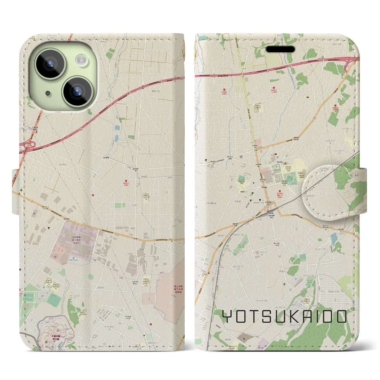【四街道(千葉県)】地図柄iPhoneケース(手帳タイプ)ナチュラル・iPhone 15 用