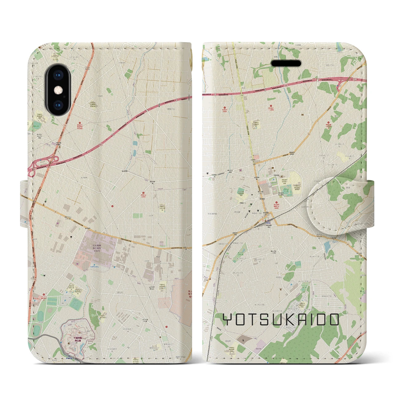 【四街道(千葉県)】地図柄iPhoneケース(手帳タイプ)ナチュラル・iPhone XS / X 用
