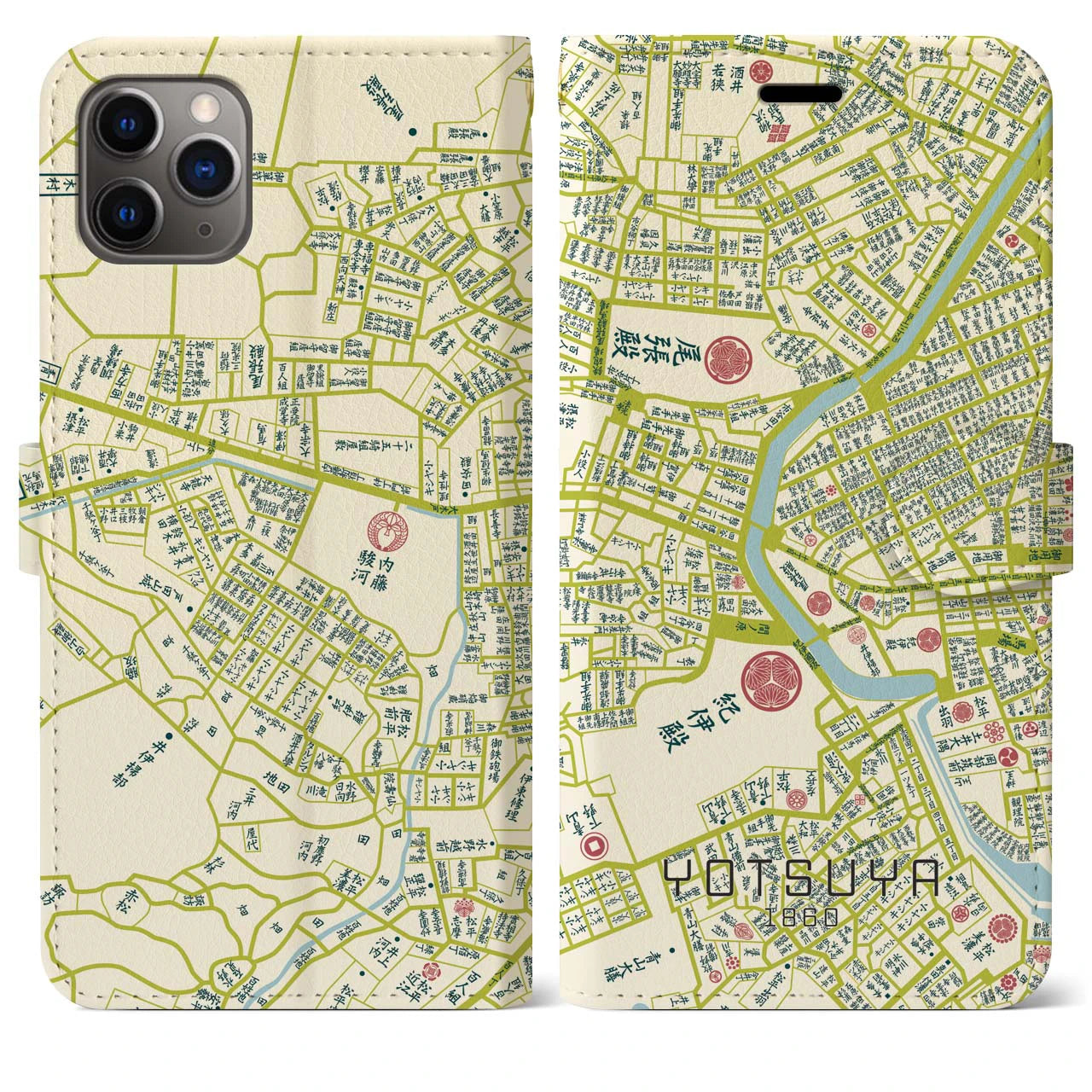 【四ツ谷1860】地図柄iPhoneケース(手帳両面タイプ・ナチュラル)iPhone 11 Pro Max 用