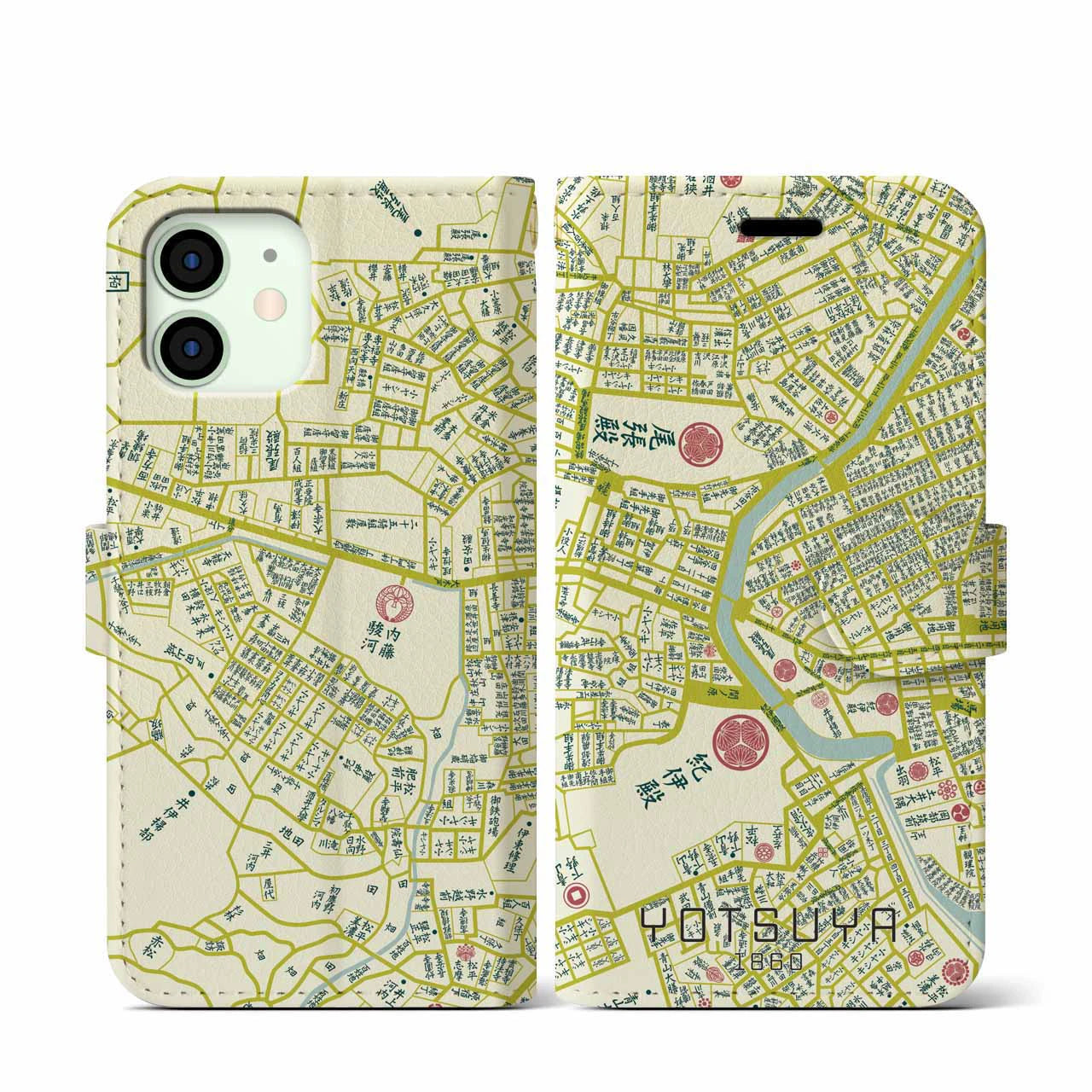 【四ツ谷1860】地図柄iPhoneケース(手帳両面タイプ・ナチュラル)iPhone 12 mini 用