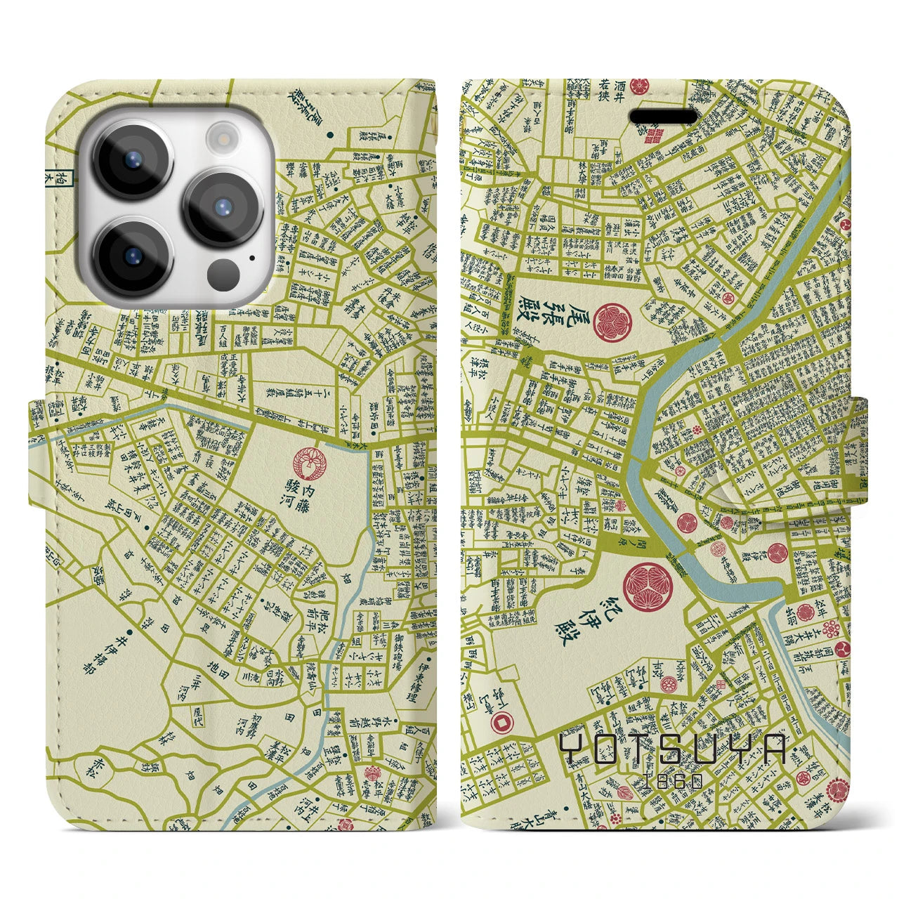 【四ツ谷1860】地図柄iPhoneケース(手帳両面タイプ・ナチュラル)iPhone 14 Pro 用