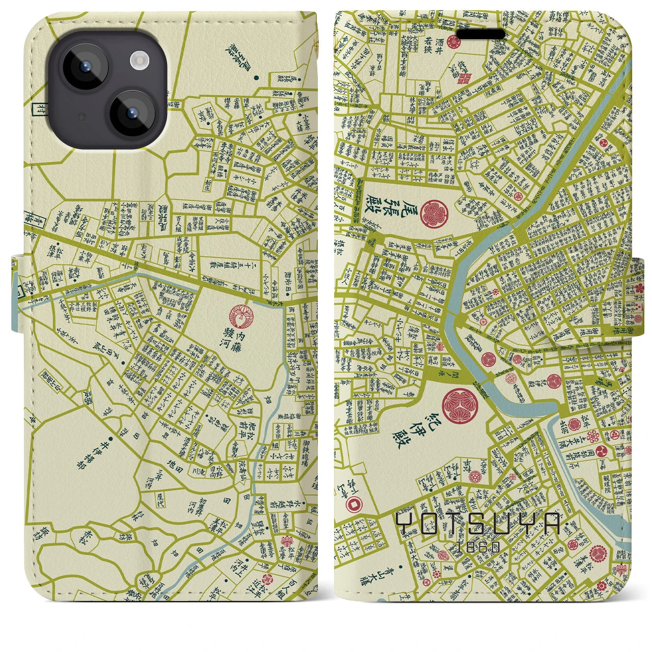 【四ツ谷1860】地図柄iPhoneケース(手帳両面タイプ・ナチュラル)iPhone 14 Plus 用