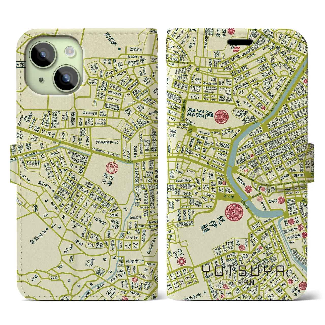 【四ツ谷1860】地図柄iPhoneケース(手帳両面タイプ・ナチュラル)iPhone 15 用