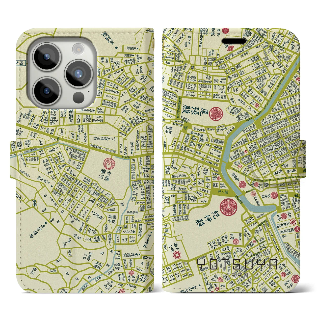 【四ツ谷1860】地図柄iPhoneケース(手帳両面タイプ・ナチュラル)iPhone 15 Pro 用