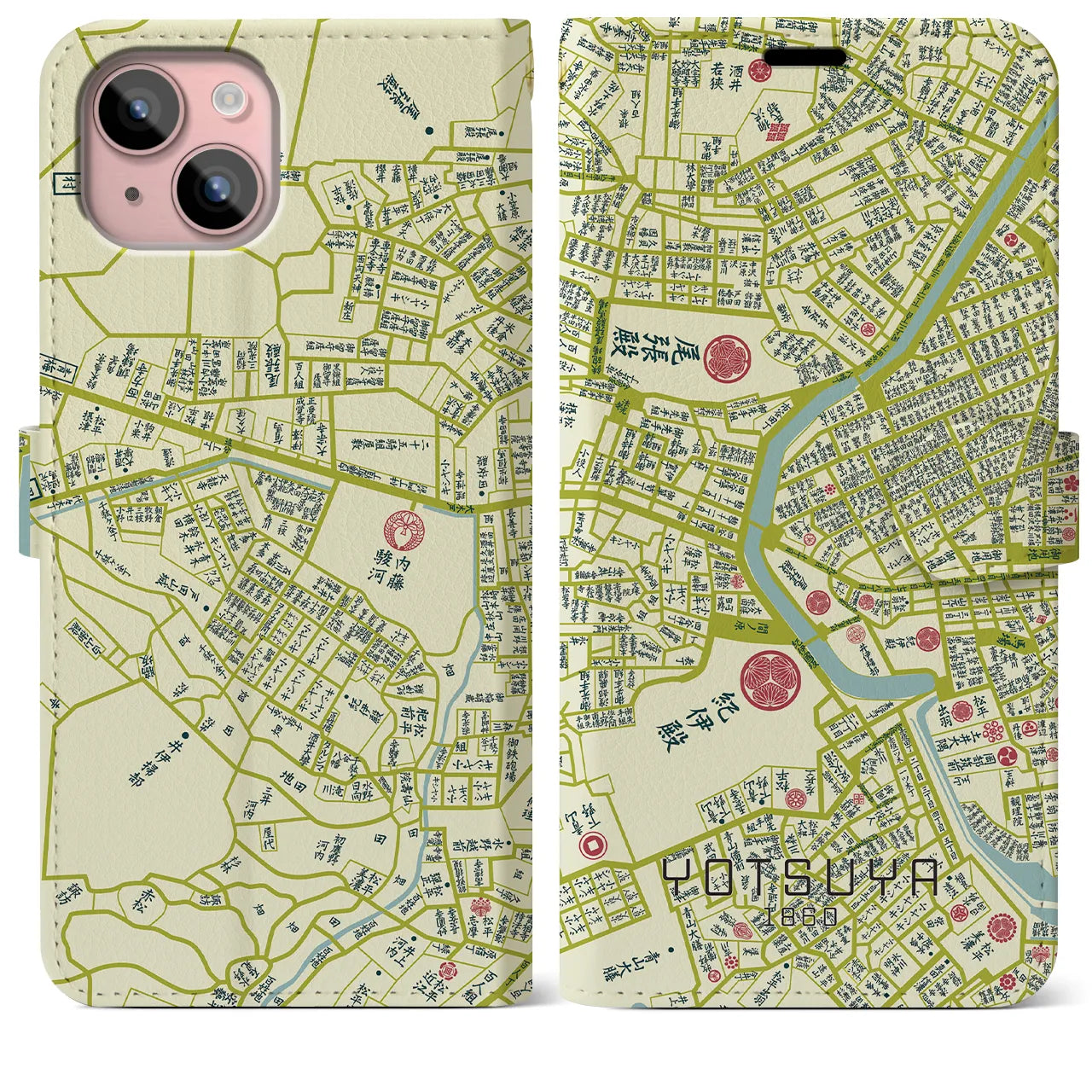 【四ツ谷1860】地図柄iPhoneケース(手帳両面タイプ・ナチュラル)iPhone 15 Plus 用
