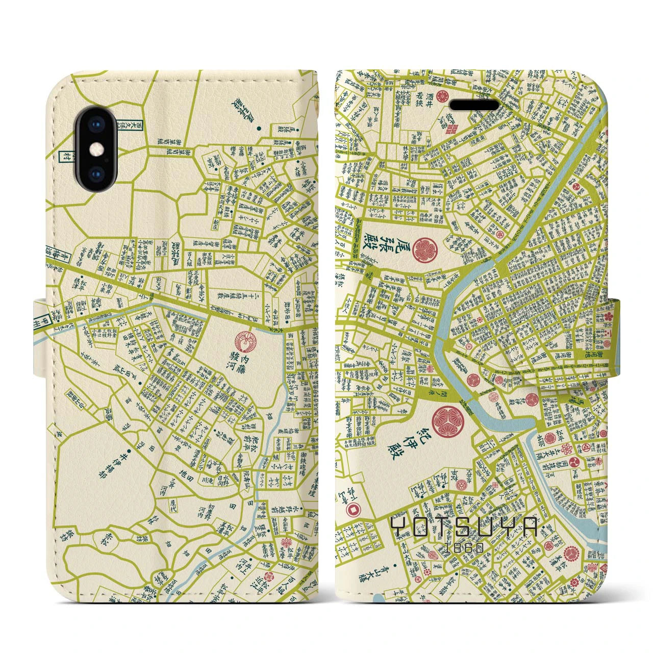 【四ツ谷1860】地図柄iPhoneケース(手帳両面タイプ・ナチュラル)iPhone XS / X 用