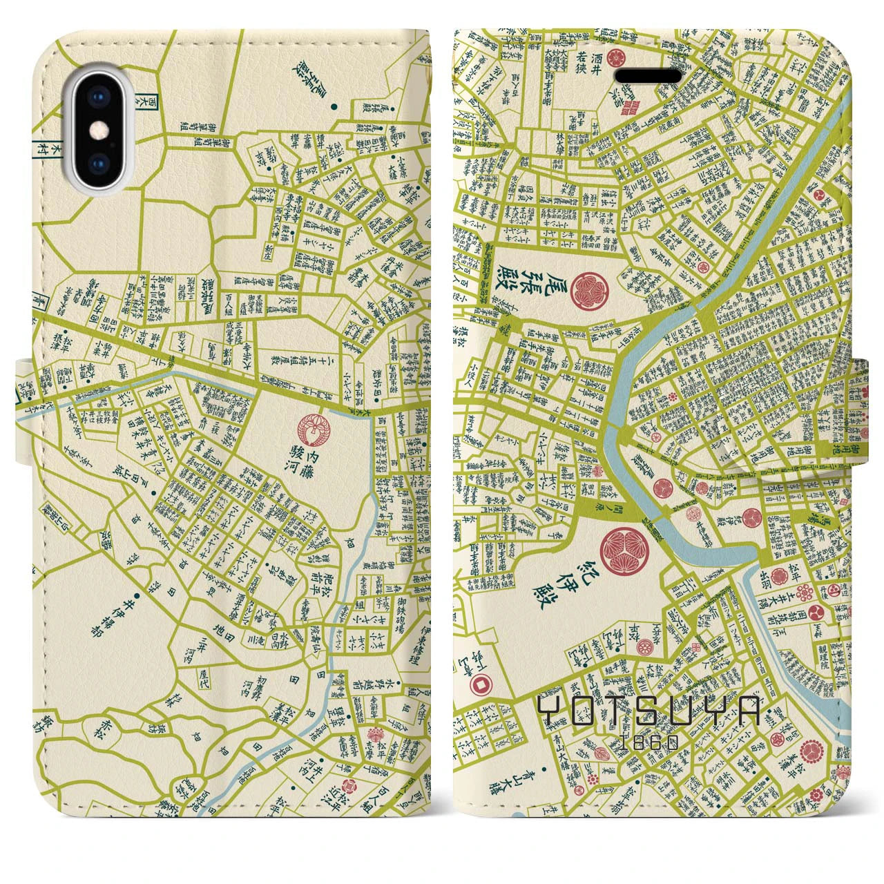 【四ツ谷1860】地図柄iPhoneケース(手帳両面タイプ・ナチュラル)iPhone XS Max 用