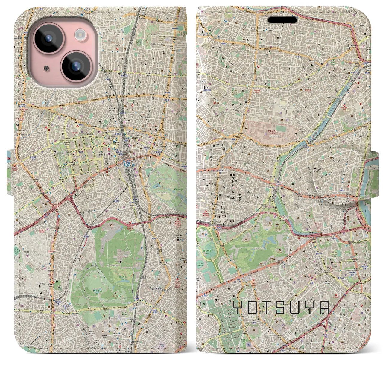 【四ツ谷(東京都)】地図柄iPhoneケース(手帳タイプ)ナチュラル・iPhone 15 Plus 用