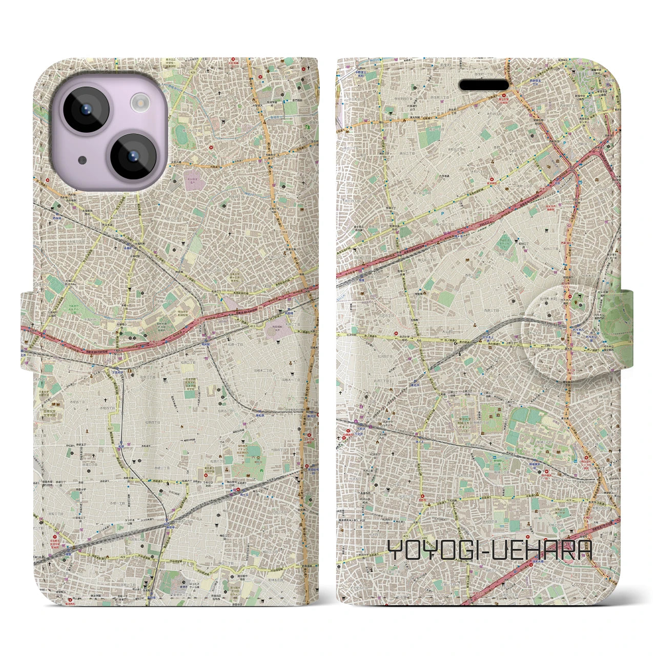 【代々木上原(東京都)】地図柄iPhoneケース(手帳タイプ)ナチュラル・iPhone 14 用