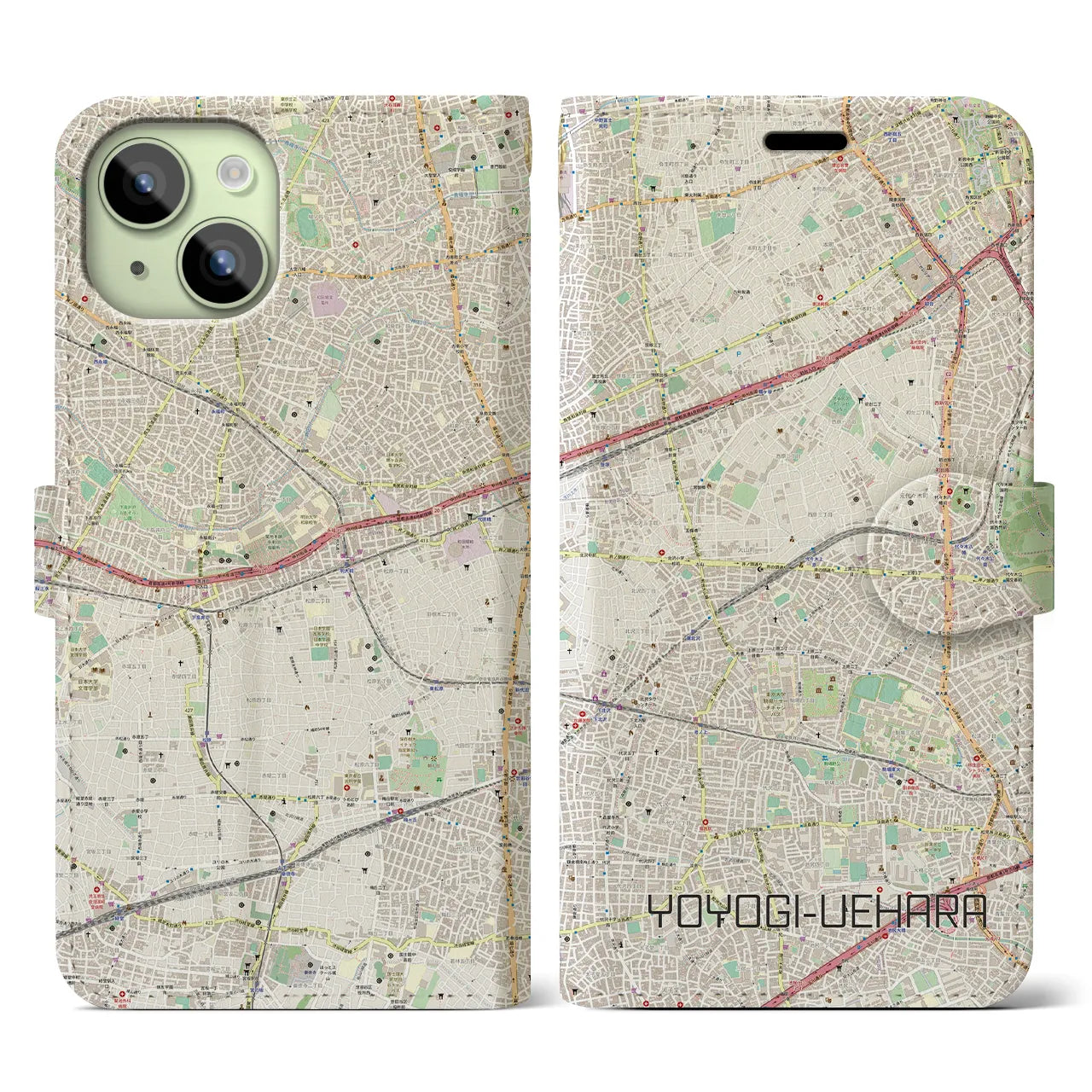 【代々木上原(東京都)】地図柄iPhoneケース(手帳タイプ)ナチュラル・iPhone 15 用