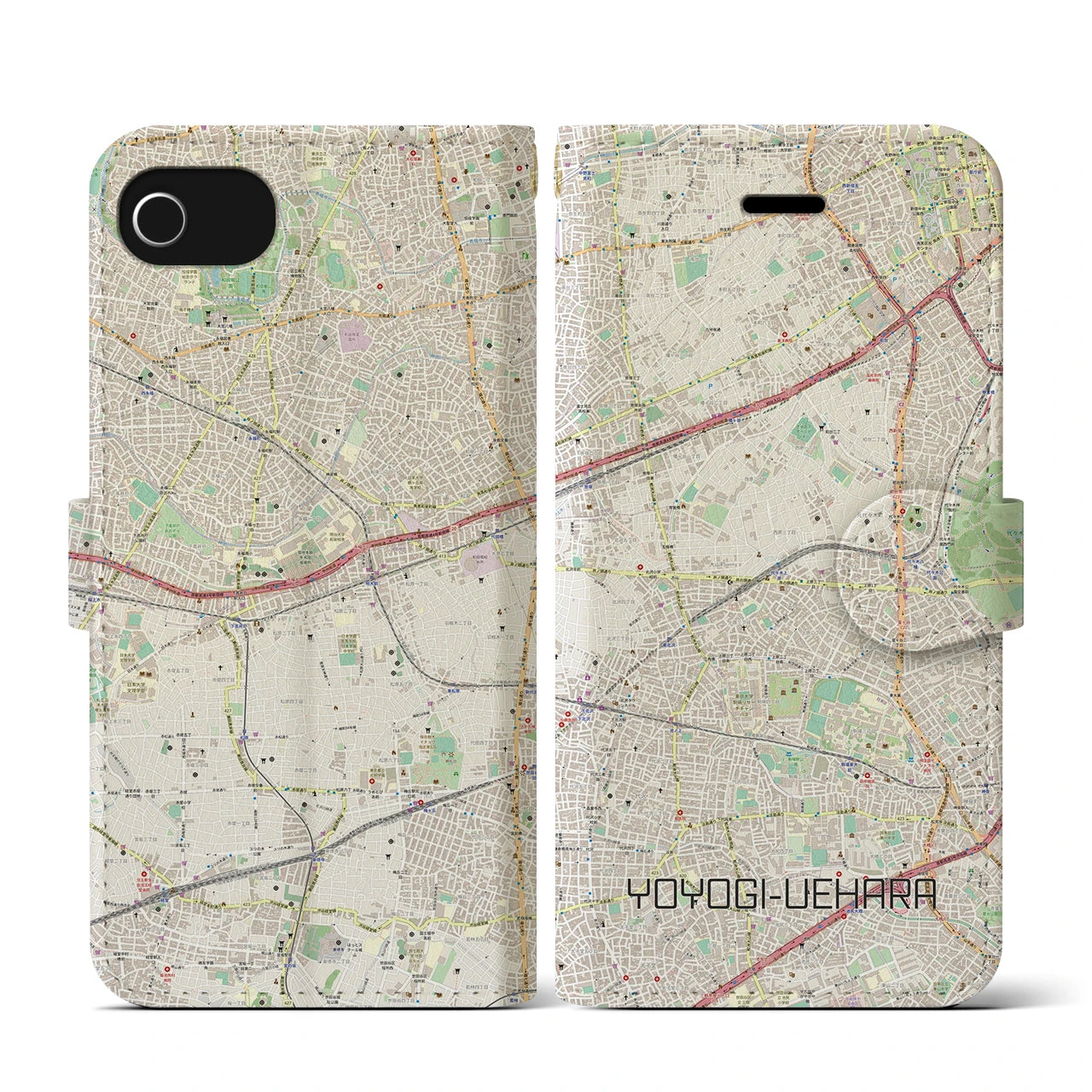 【代々木上原(東京都)】地図柄iPhoneケース(手帳タイプ)ナチュラル・iPhone SE(第3 / 第2世代) / 8 / 7 / 6s / 6 用