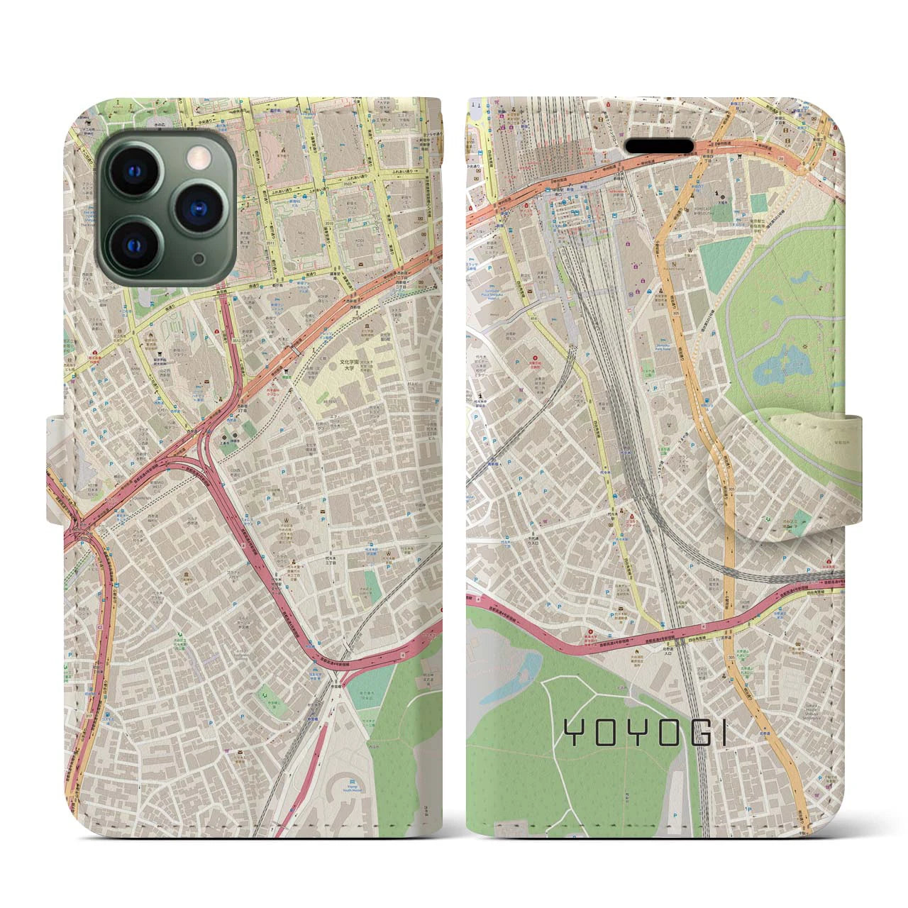 【代々木2(東京都)】地図柄iPhoneケース(手帳タイプ)ナチュラル・iPhone 11 Pro 用