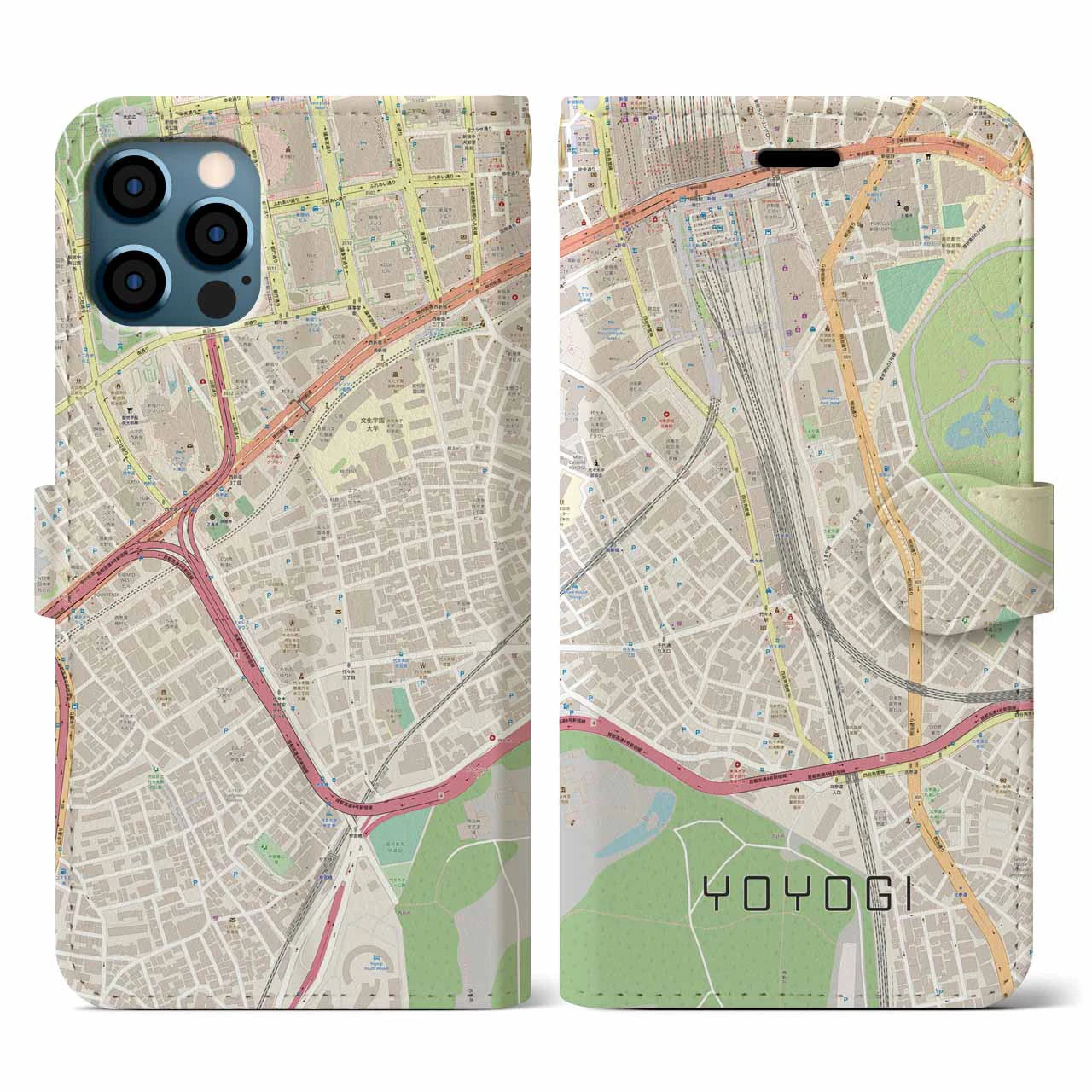 【代々木2(東京都)】地図柄iPhoneケース(手帳タイプ)ナチュラル・iPhone 12 / 12 Pro 用