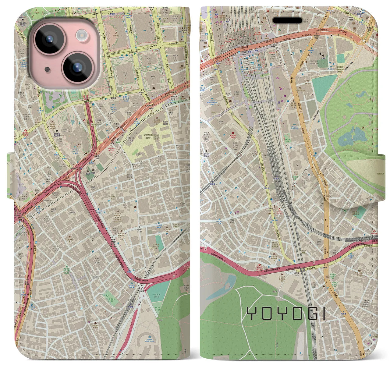 【代々木2(東京都)】地図柄iPhoneケース(手帳タイプ)ナチュラル・iPhone 15 Plus 用