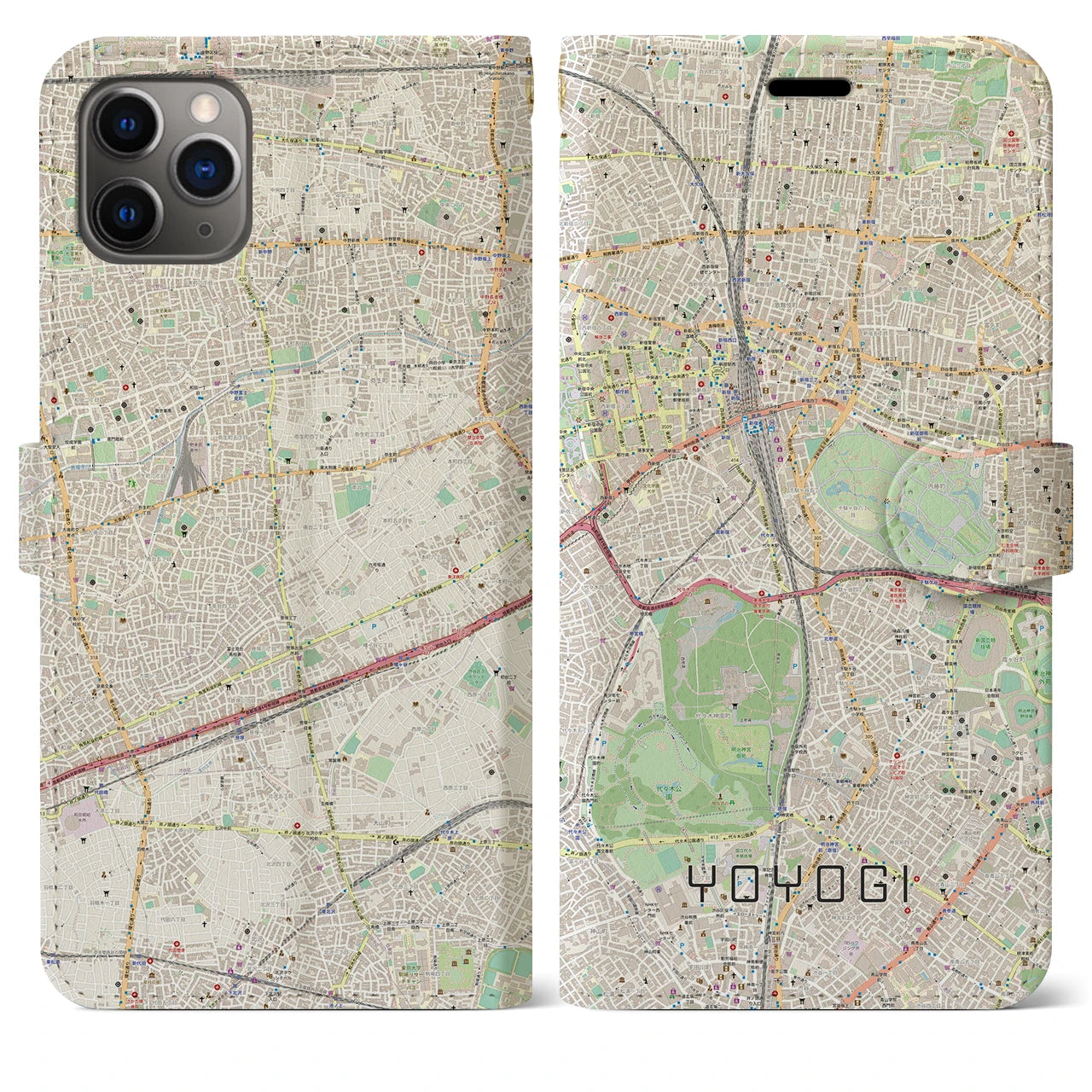 【代々木(東京都)】地図柄iPhoneケース(手帳タイプ)ナチュラル・iPhone 11 Pro Max 用