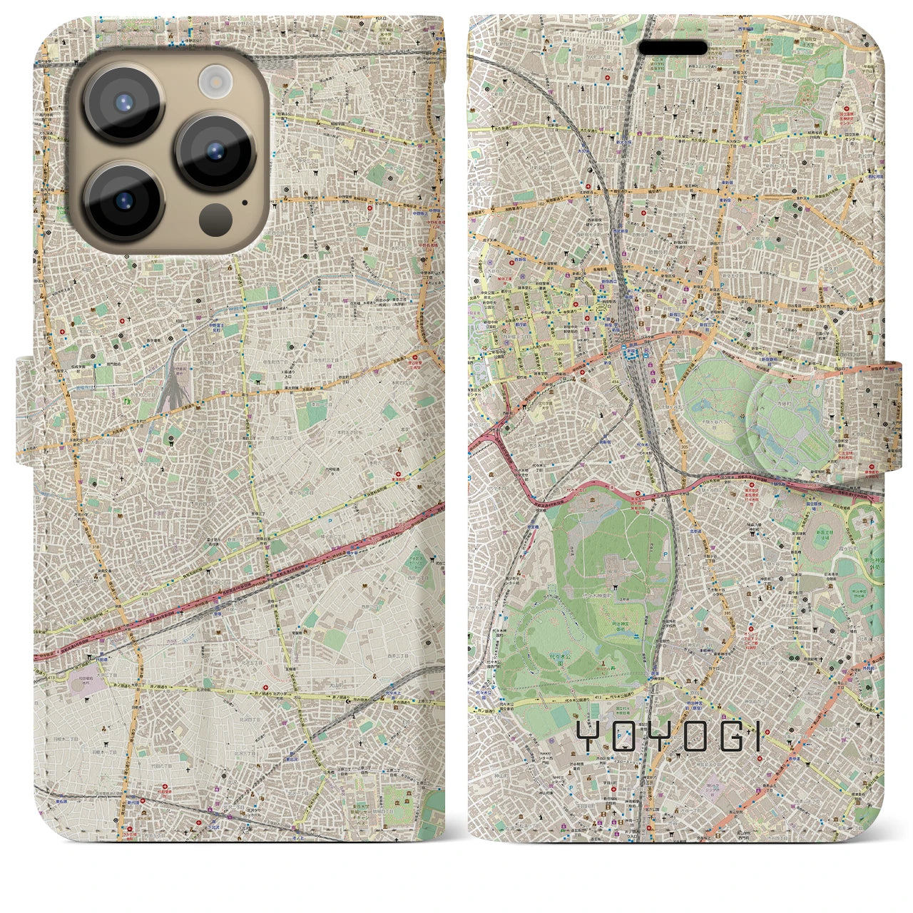 【代々木(東京都)】地図柄iPhoneケース(手帳タイプ)ナチュラル・iPhone 14 Pro Max 用