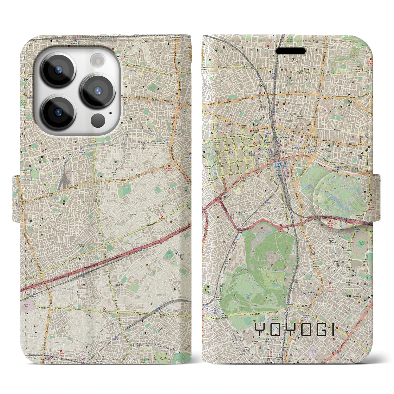 【代々木(東京都)】地図柄iPhoneケース(手帳タイプ)ナチュラル・iPhone 14 Pro 用