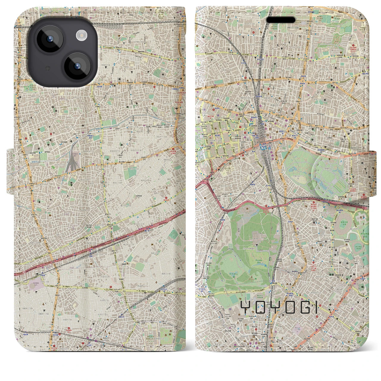 【代々木(東京都)】地図柄iPhoneケース(手帳タイプ)ナチュラル・iPhone 14 Plus 用