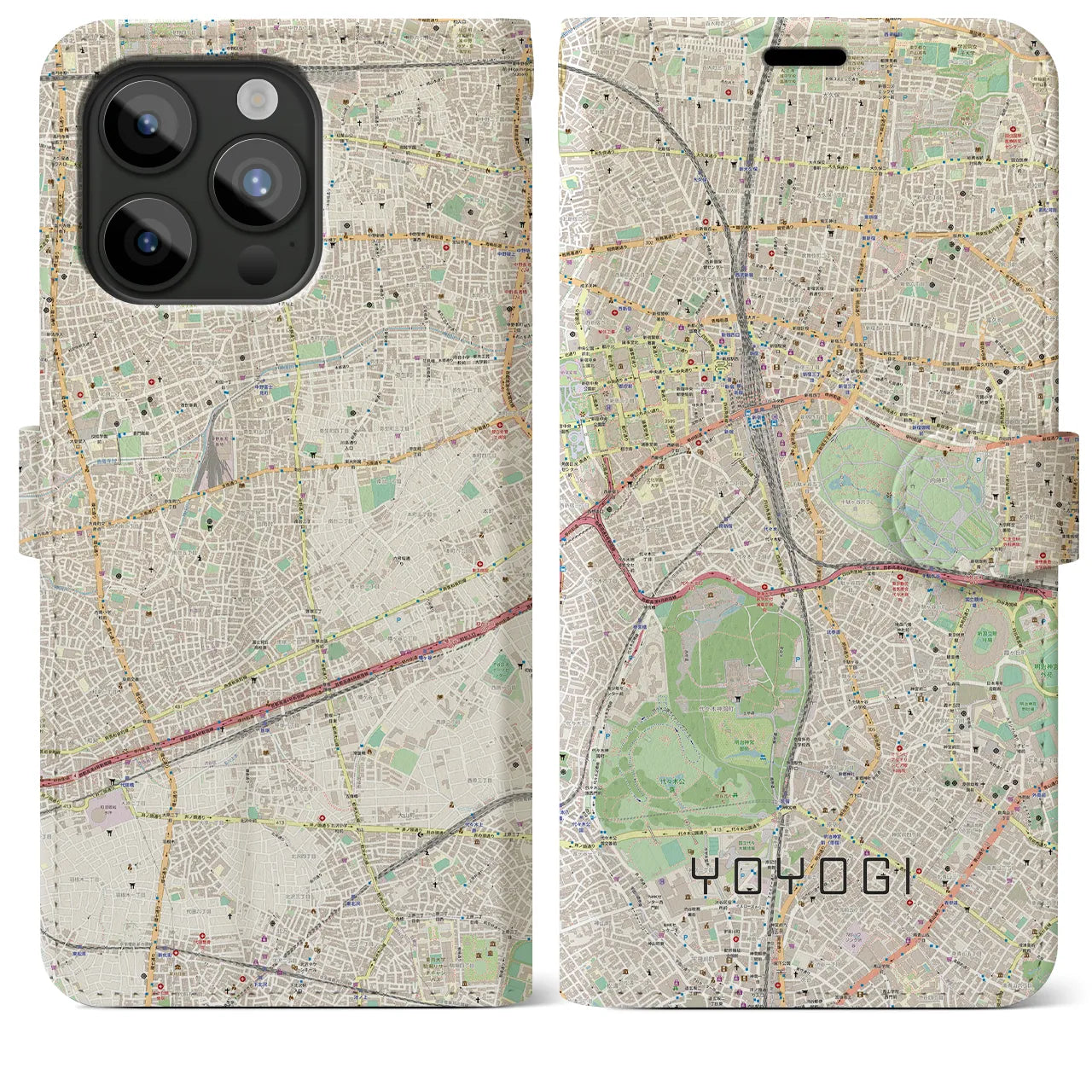 【代々木(東京都)】地図柄iPhoneケース(手帳タイプ)ナチュラル・iPhone 15 Pro Max 用