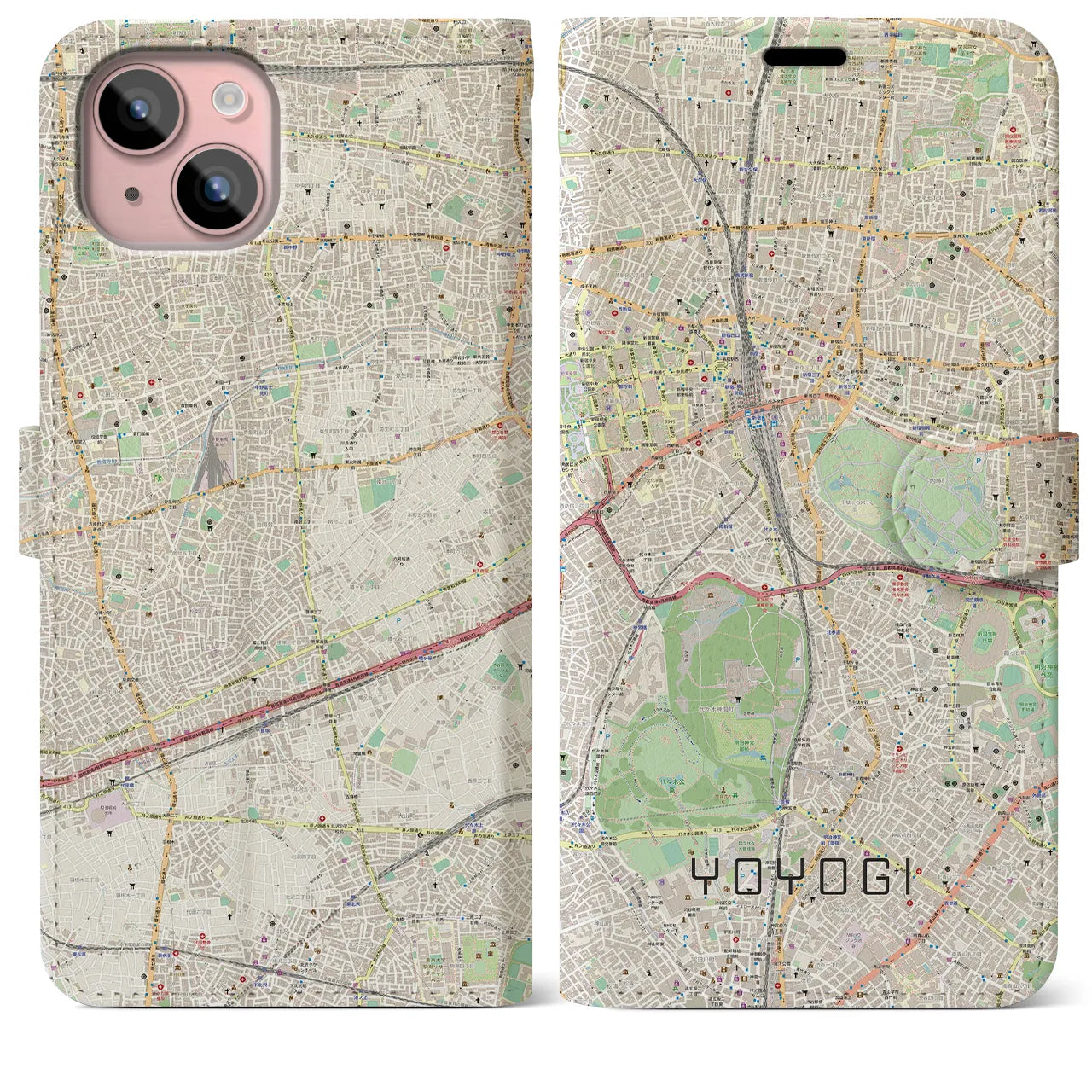 【代々木(東京都)】地図柄iPhoneケース(手帳タイプ)ナチュラル・iPhone 15 Plus 用
