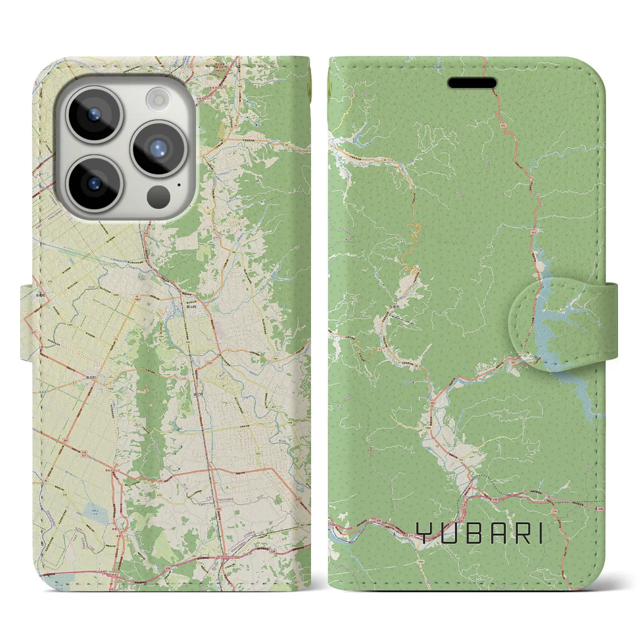 【夕張(北海道)】地図柄iPhoneケース(手帳タイプ)ナチュラル・iPhone 15 Pro 用