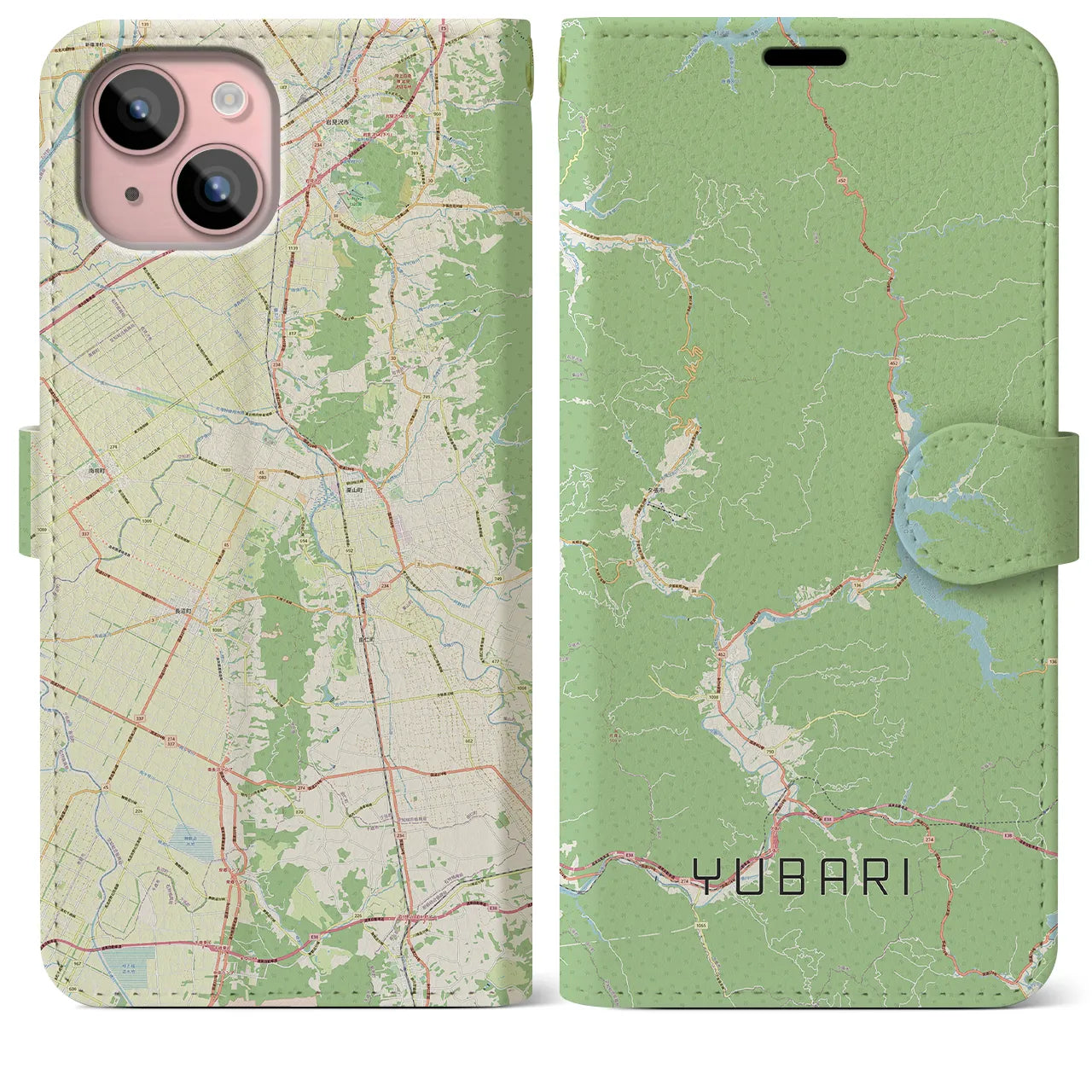 【夕張(北海道)】地図柄iPhoneケース(手帳タイプ)ナチュラル・iPhone 15 Plus 用