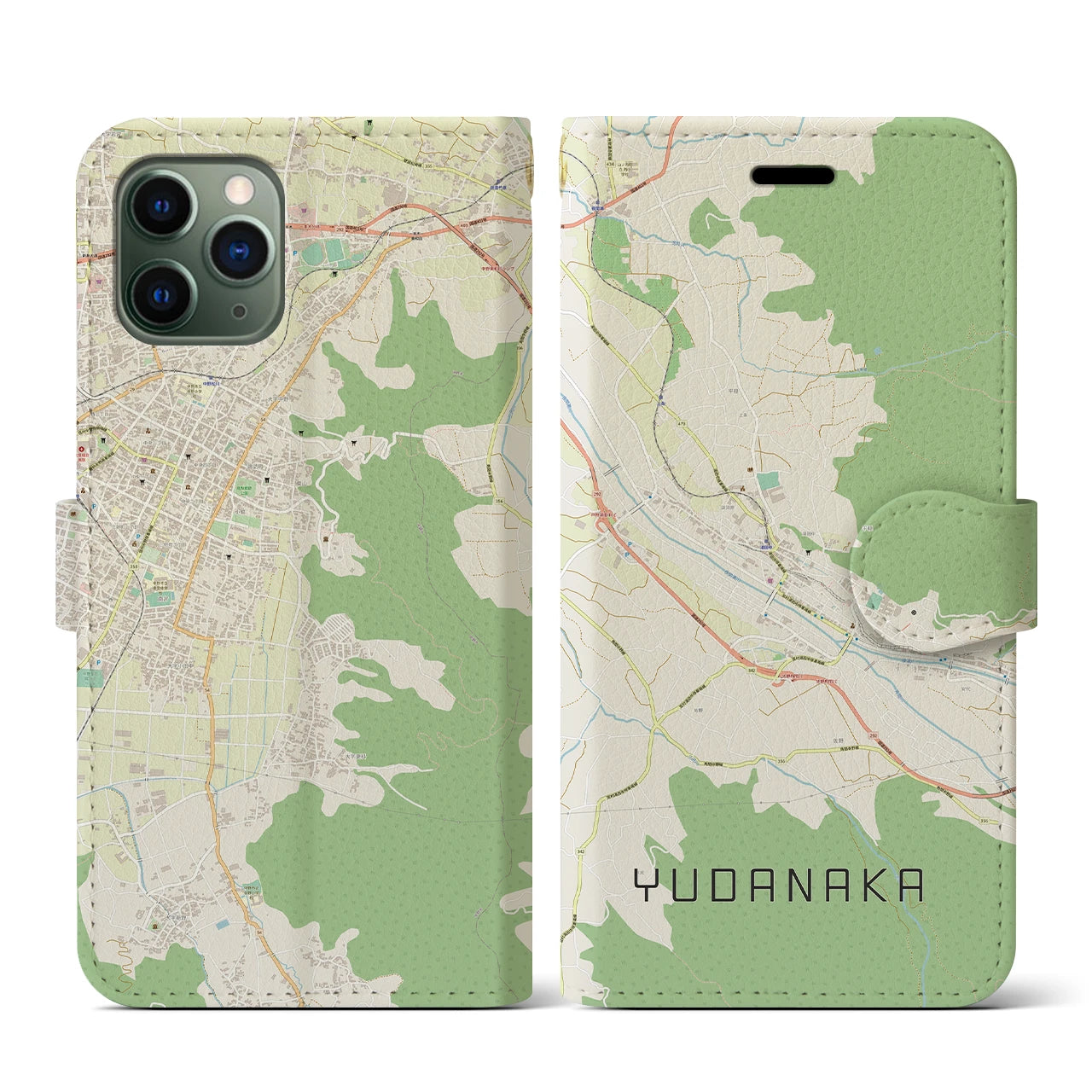【湯田中(長野県)】地図柄iPhoneケース(手帳タイプ)ナチュラル・iPhone 11 Pro 用
