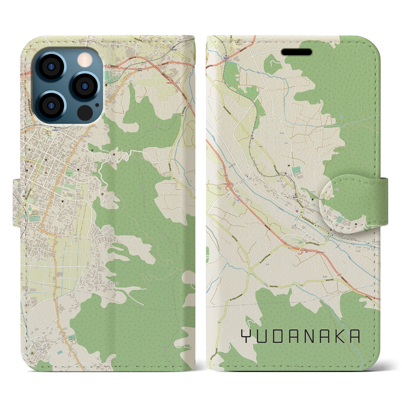 【湯田中(長野県)】地図柄iPhoneケース(手帳タイプ)ナチュラル・iPhone 12 / 12 Pro 用