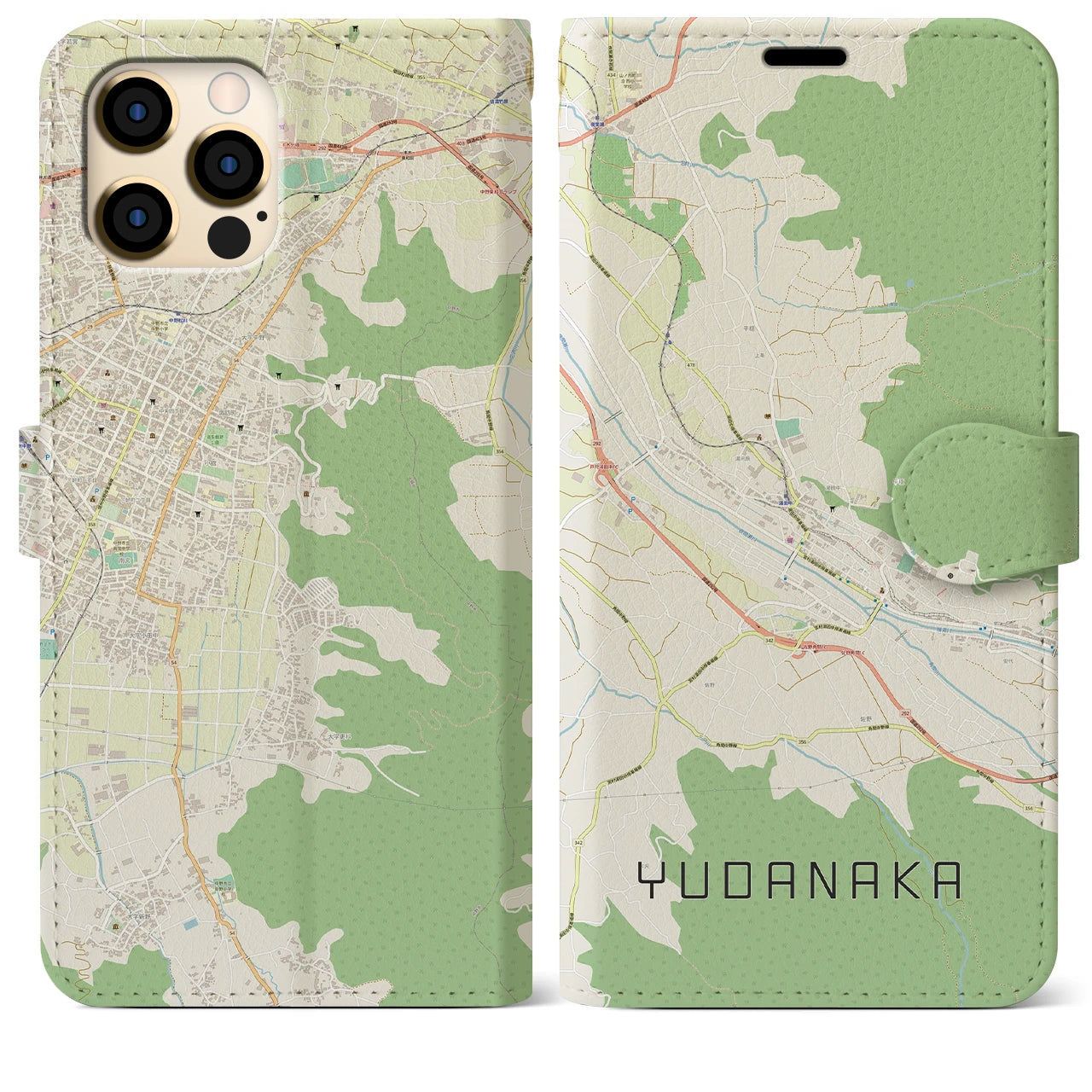 【湯田中(長野県)】地図柄iPhoneケース(手帳タイプ)ナチュラル・iPhone 12 Pro Max 用