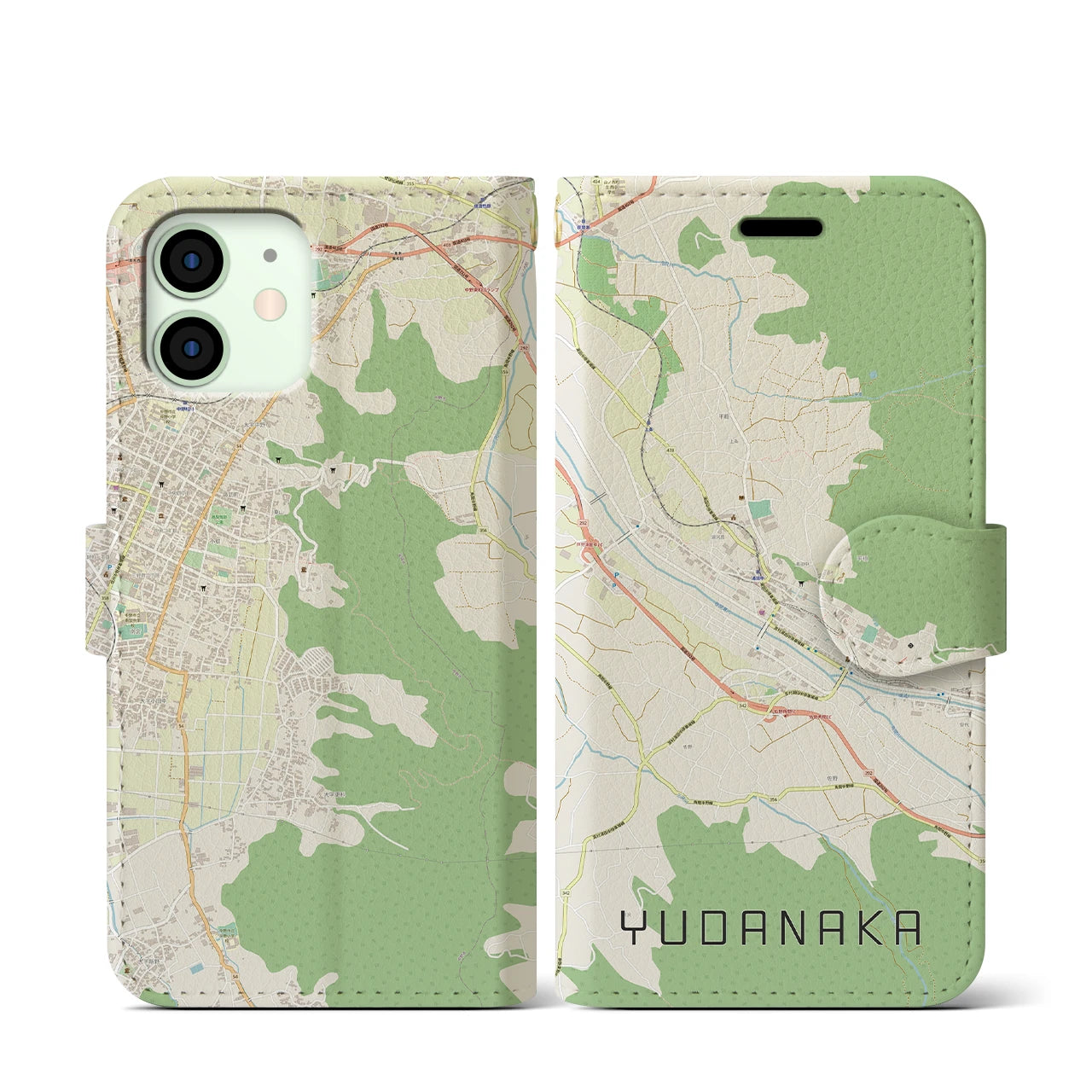 【湯田中(長野県)】地図柄iPhoneケース(手帳タイプ)ナチュラル・iPhone 12 mini 用