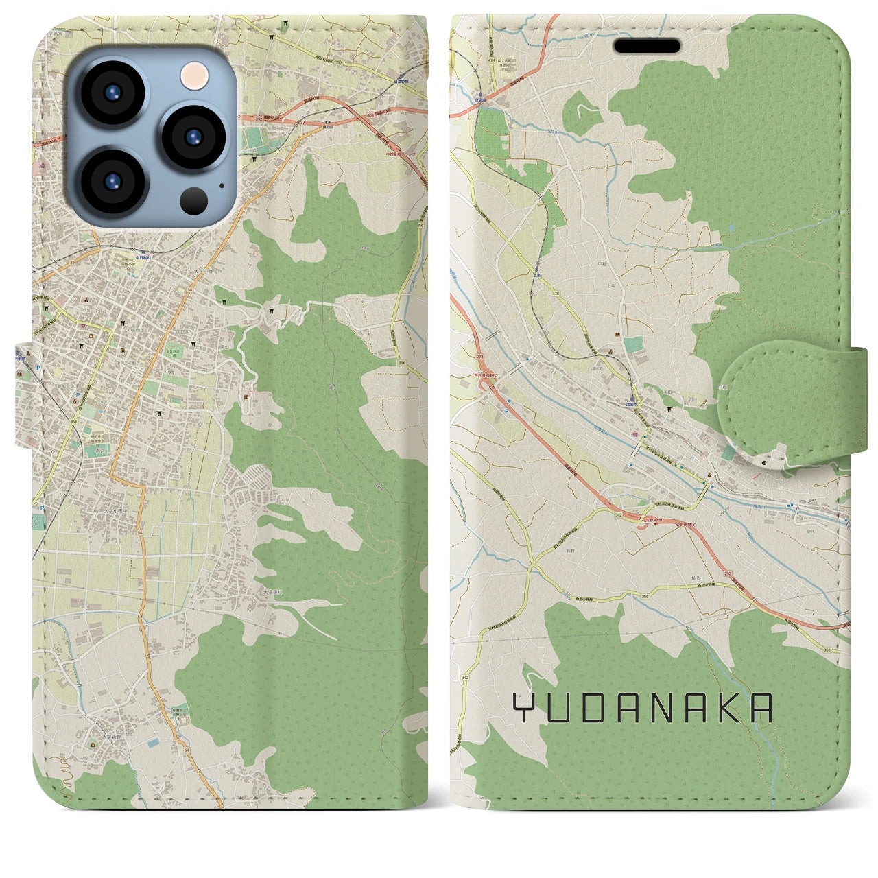 【湯田中(長野県)】地図柄iPhoneケース(手帳タイプ)ナチュラル・iPhone 13 Pro Max 用