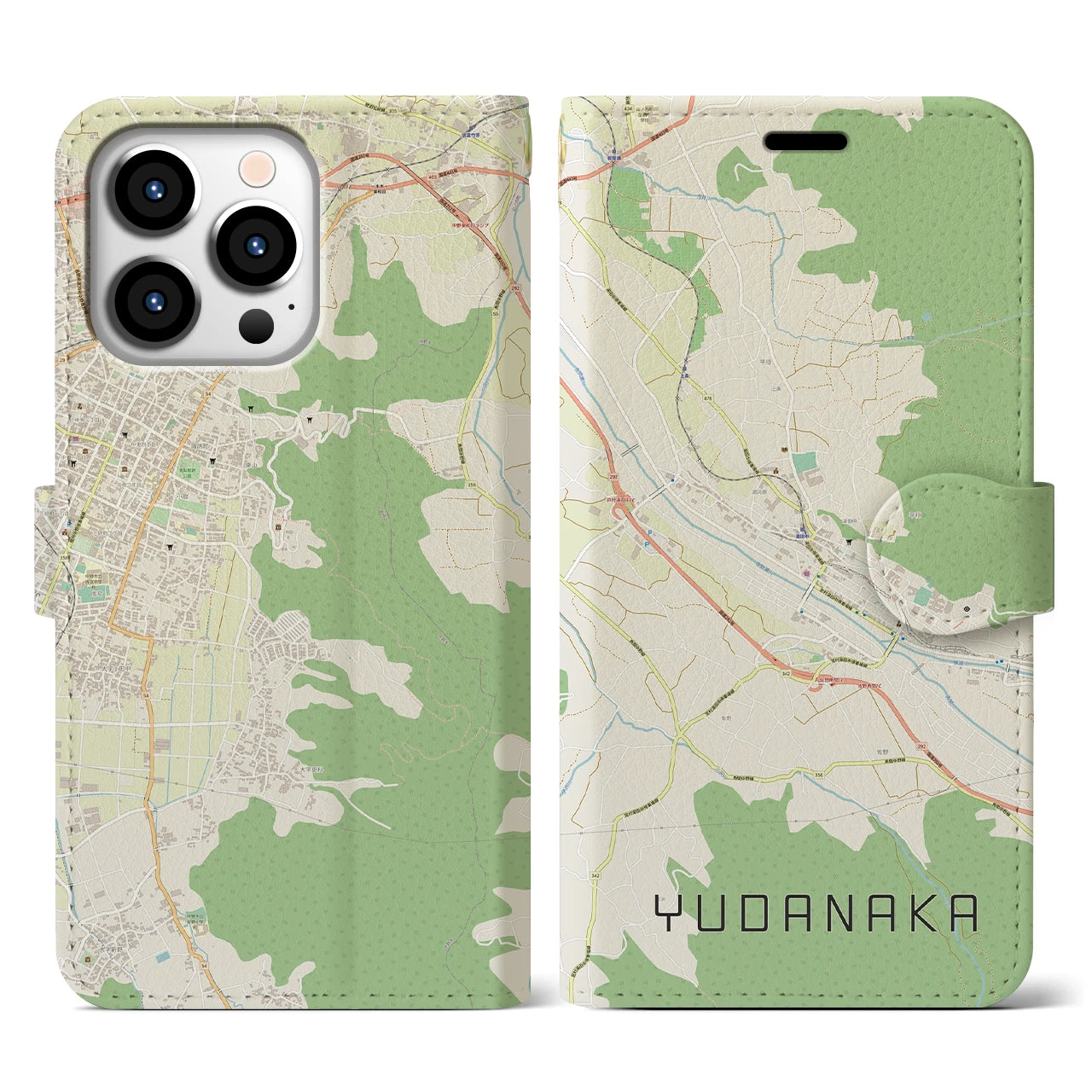 【湯田中(長野県)】地図柄iPhoneケース(手帳タイプ)ナチュラル・iPhone 13 Pro 用