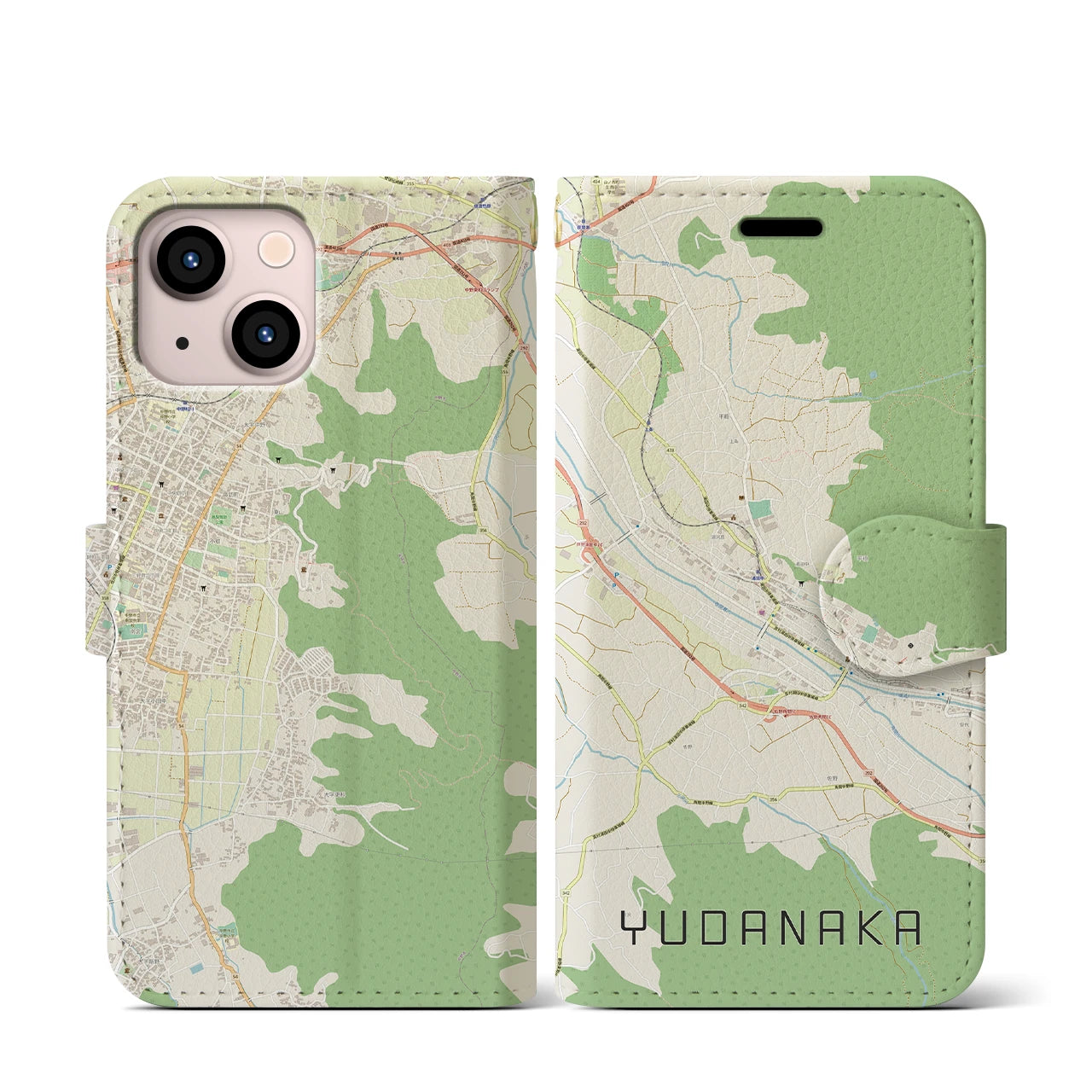 【湯田中(長野県)】地図柄iPhoneケース(手帳タイプ)ナチュラル・iPhone 13 mini 用