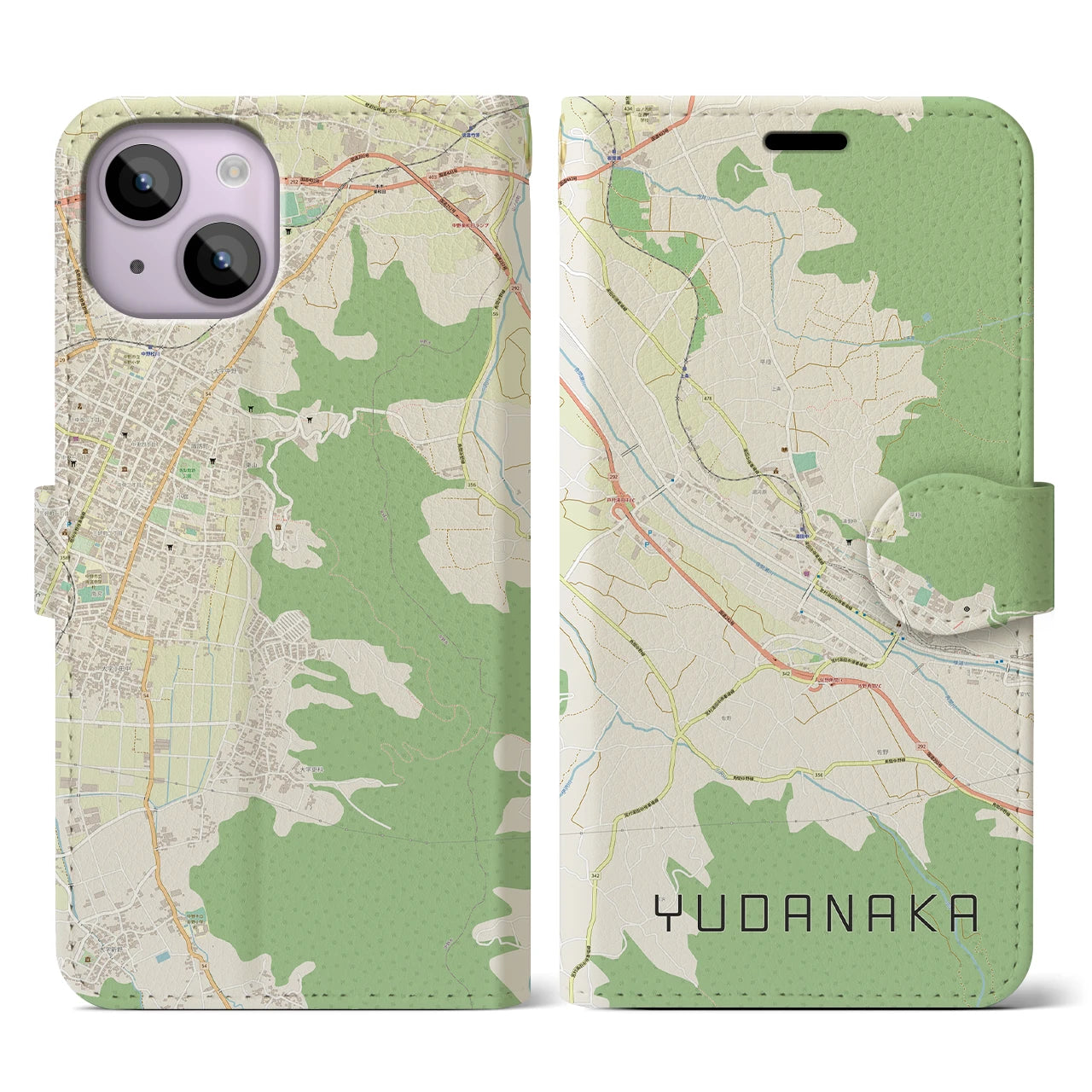 【湯田中(長野県)】地図柄iPhoneケース(手帳タイプ)ナチュラル・iPhone 14 用