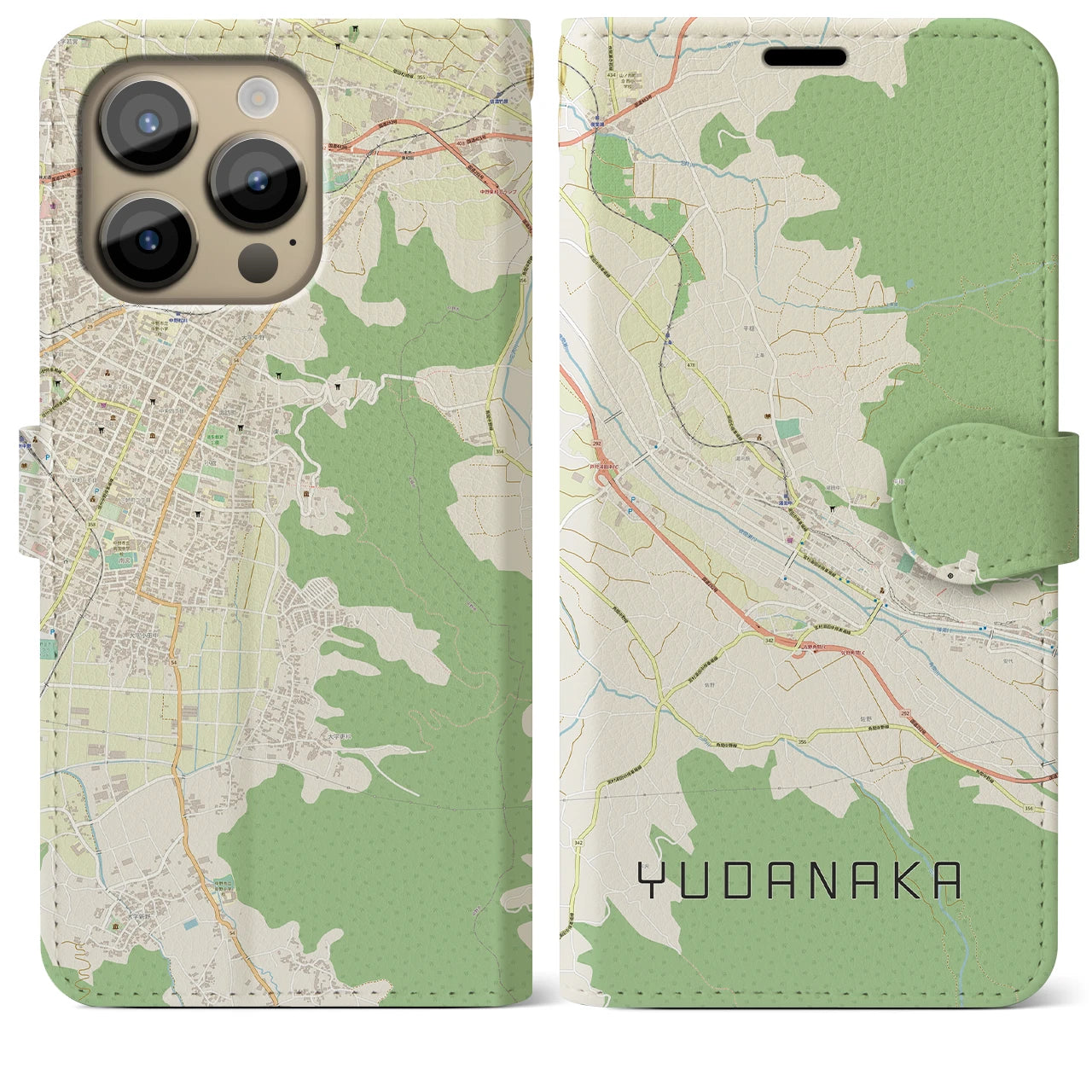 【湯田中(長野県)】地図柄iPhoneケース(手帳タイプ)ナチュラル・iPhone 14 Pro Max 用