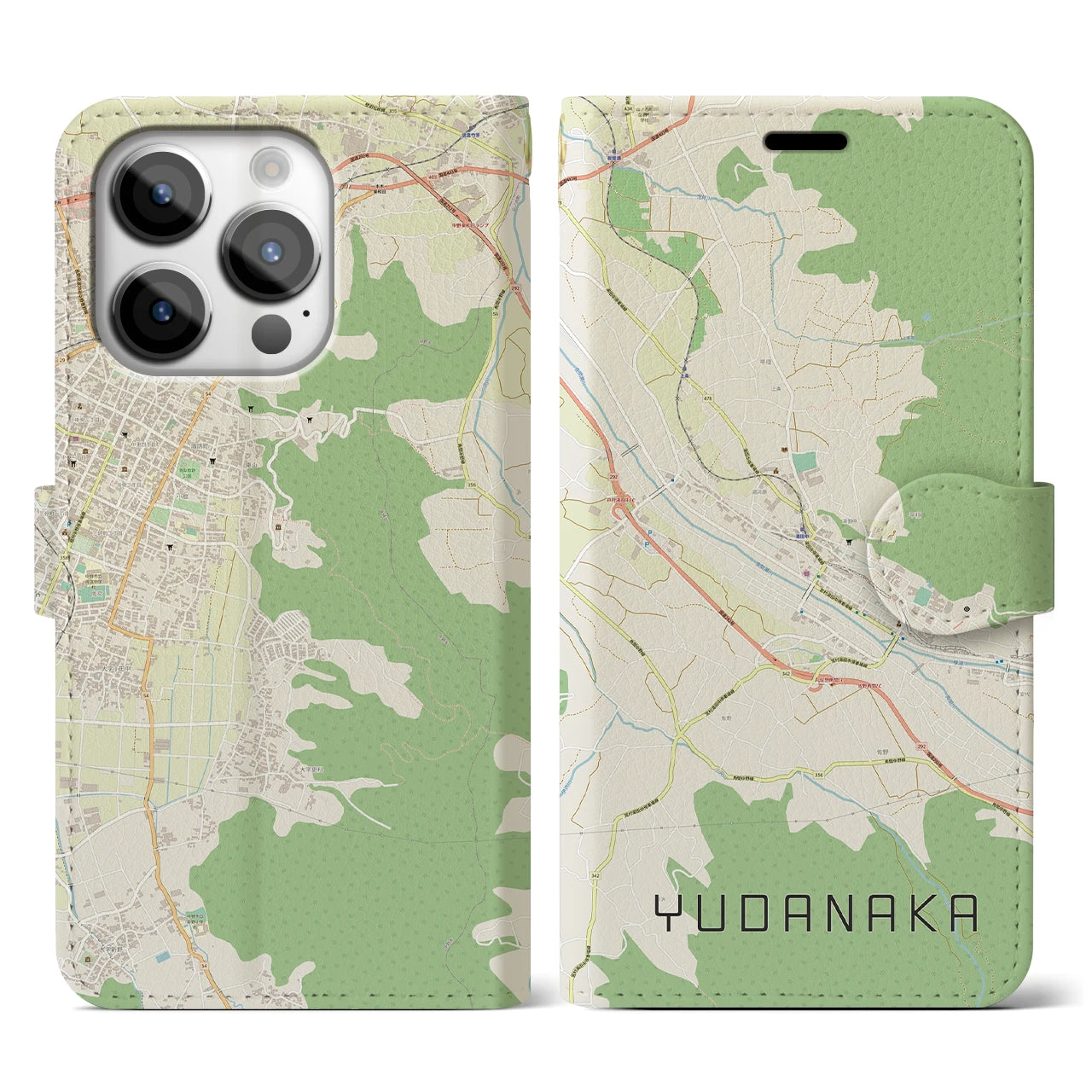 【湯田中(長野県)】地図柄iPhoneケース(手帳タイプ)ナチュラル・iPhone 14 Pro 用