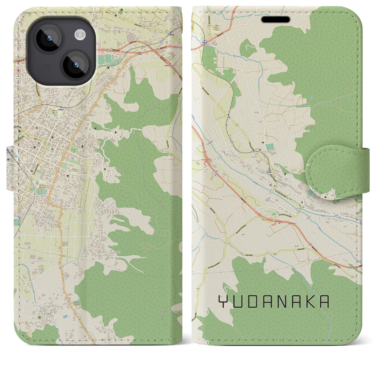 【湯田中(長野県)】地図柄iPhoneケース(手帳タイプ)ナチュラル・iPhone 14 Plus 用