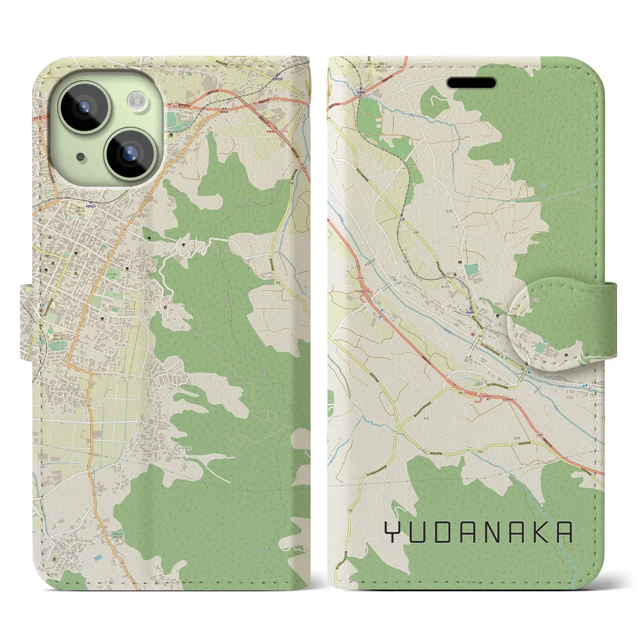 【湯田中(長野県)】地図柄iPhoneケース(手帳タイプ)ナチュラル・iPhone 15 用