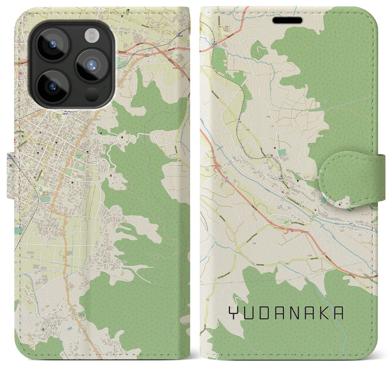 【湯田中(長野県)】地図柄iPhoneケース(手帳タイプ)ナチュラル・iPhone 15 Pro Max 用