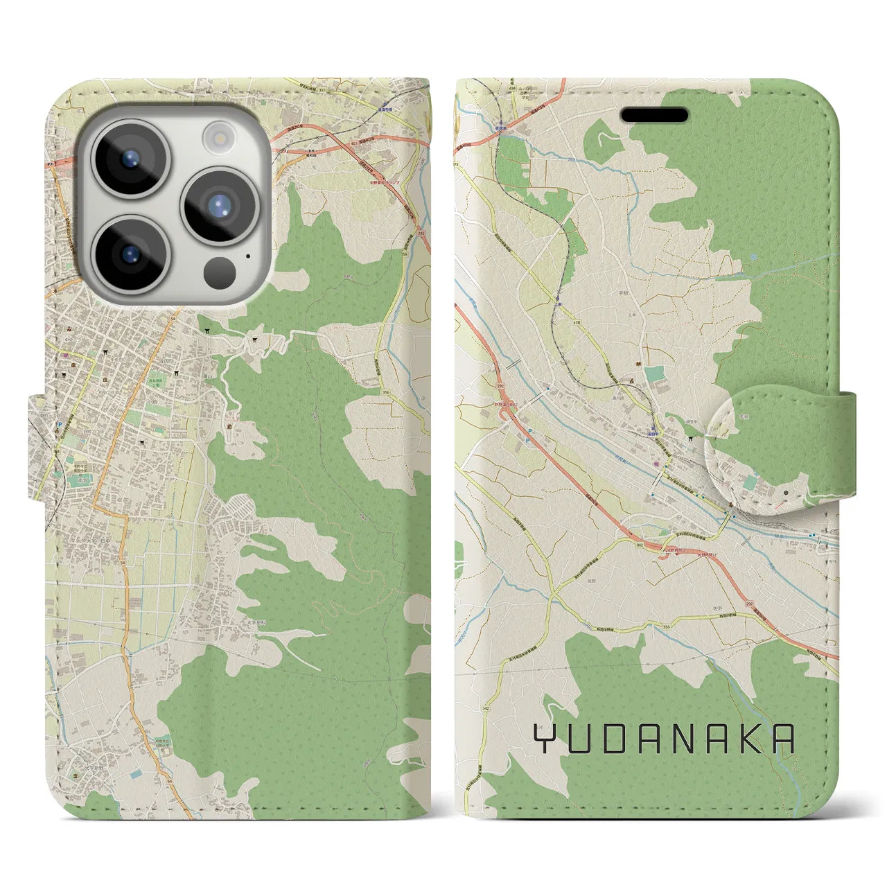 【湯田中(長野県)】地図柄iPhoneケース(手帳タイプ)ナチュラル・iPhone 15 Pro 用