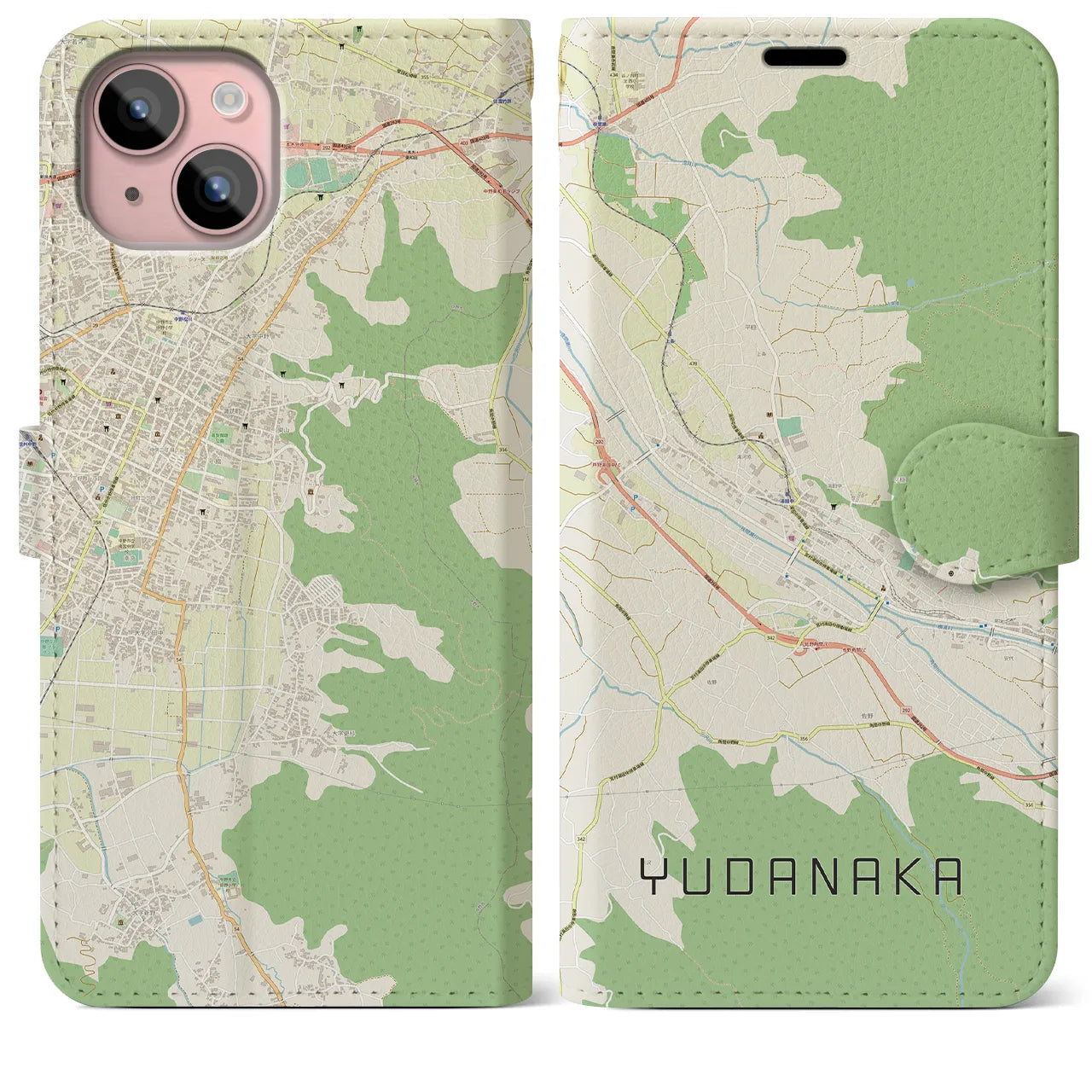 【湯田中(長野県)】地図柄iPhoneケース(手帳タイプ)ナチュラル・iPhone 15 Plus 用