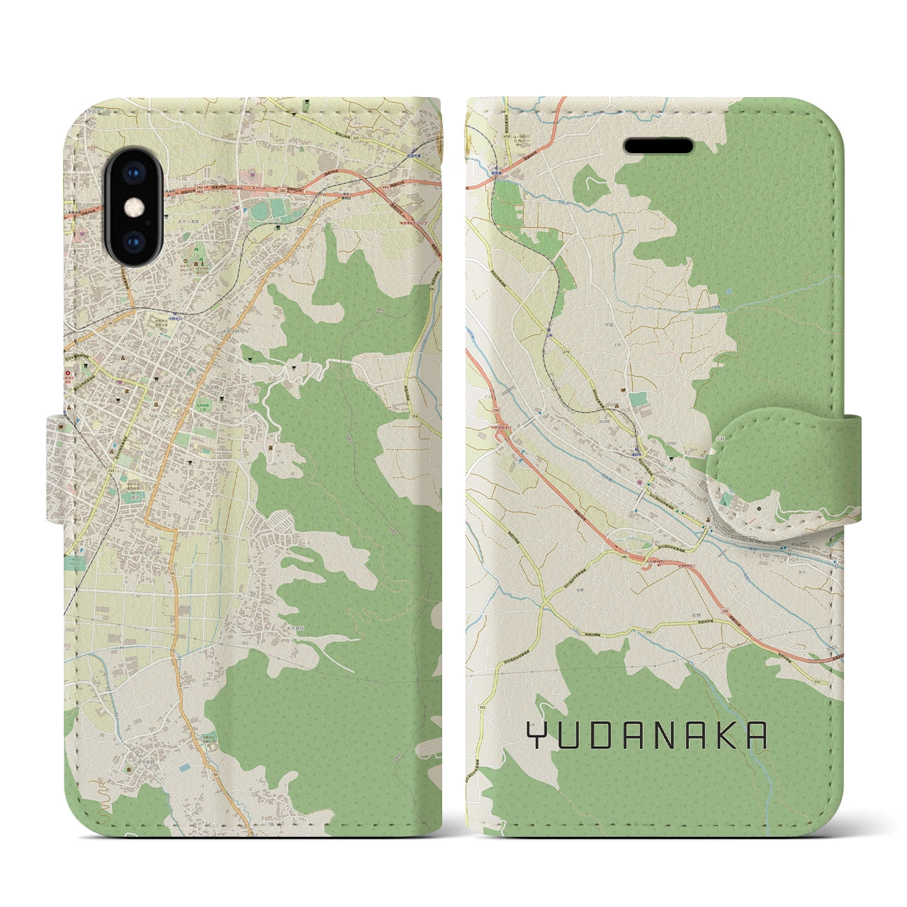 【湯田中(長野県)】地図柄iPhoneケース(手帳タイプ)ナチュラル・iPhone XS / X 用