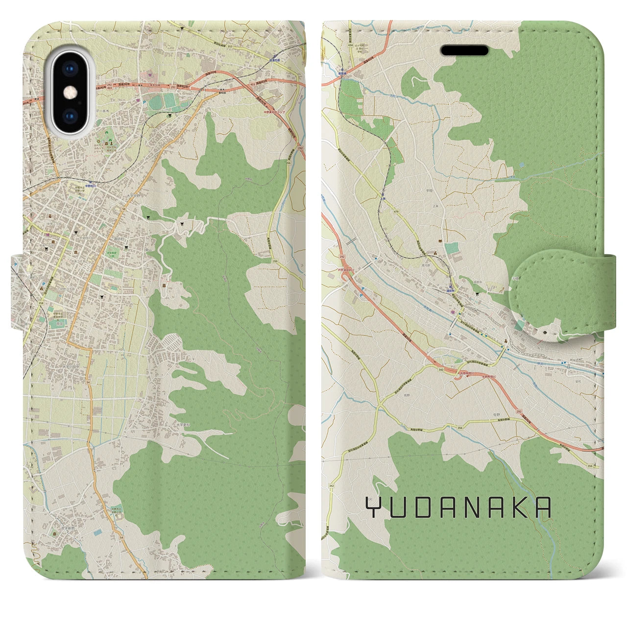 【湯田中(長野県)】地図柄iPhoneケース(手帳タイプ)ナチュラル・iPhone XS Max 用