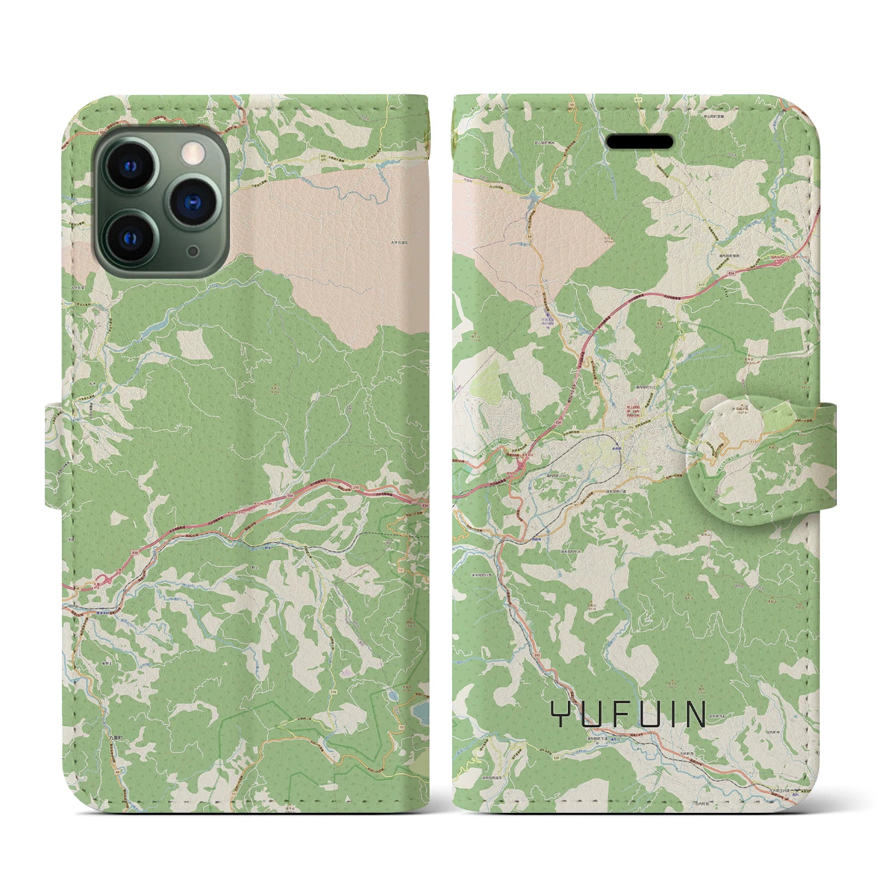 【湯布院(大分県)】地図柄iPhoneケース(手帳タイプ)ナチュラル・iPhone 11 Pro 用