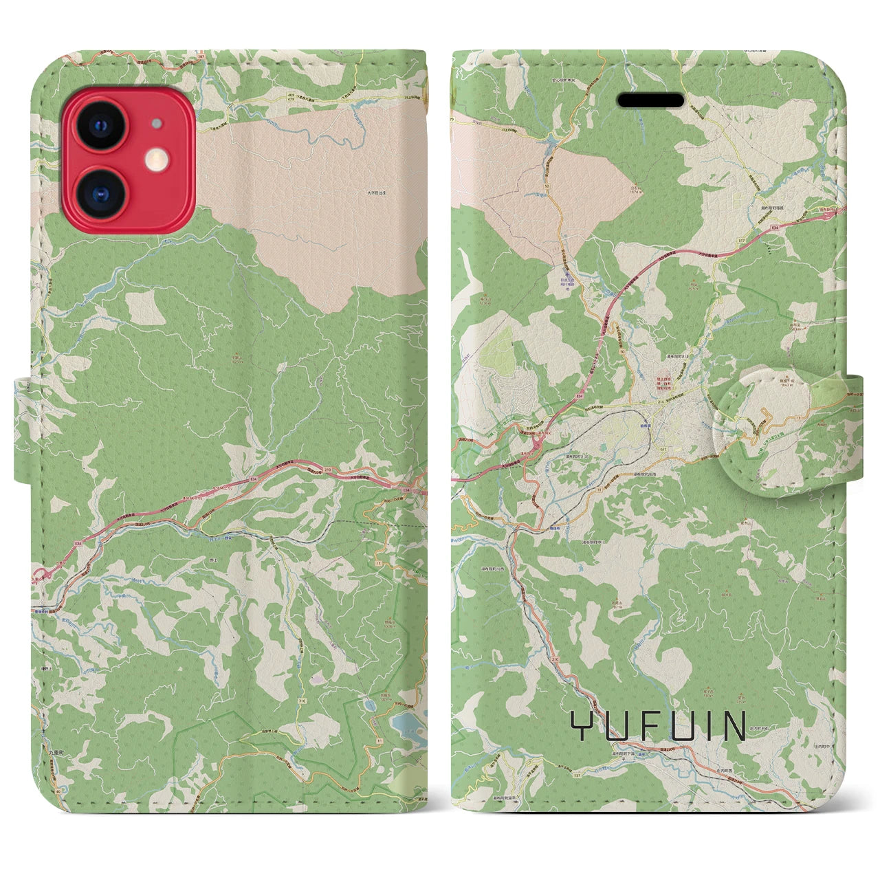 【湯布院(大分県)】地図柄iPhoneケース(手帳タイプ)ナチュラル・iPhone 11 用