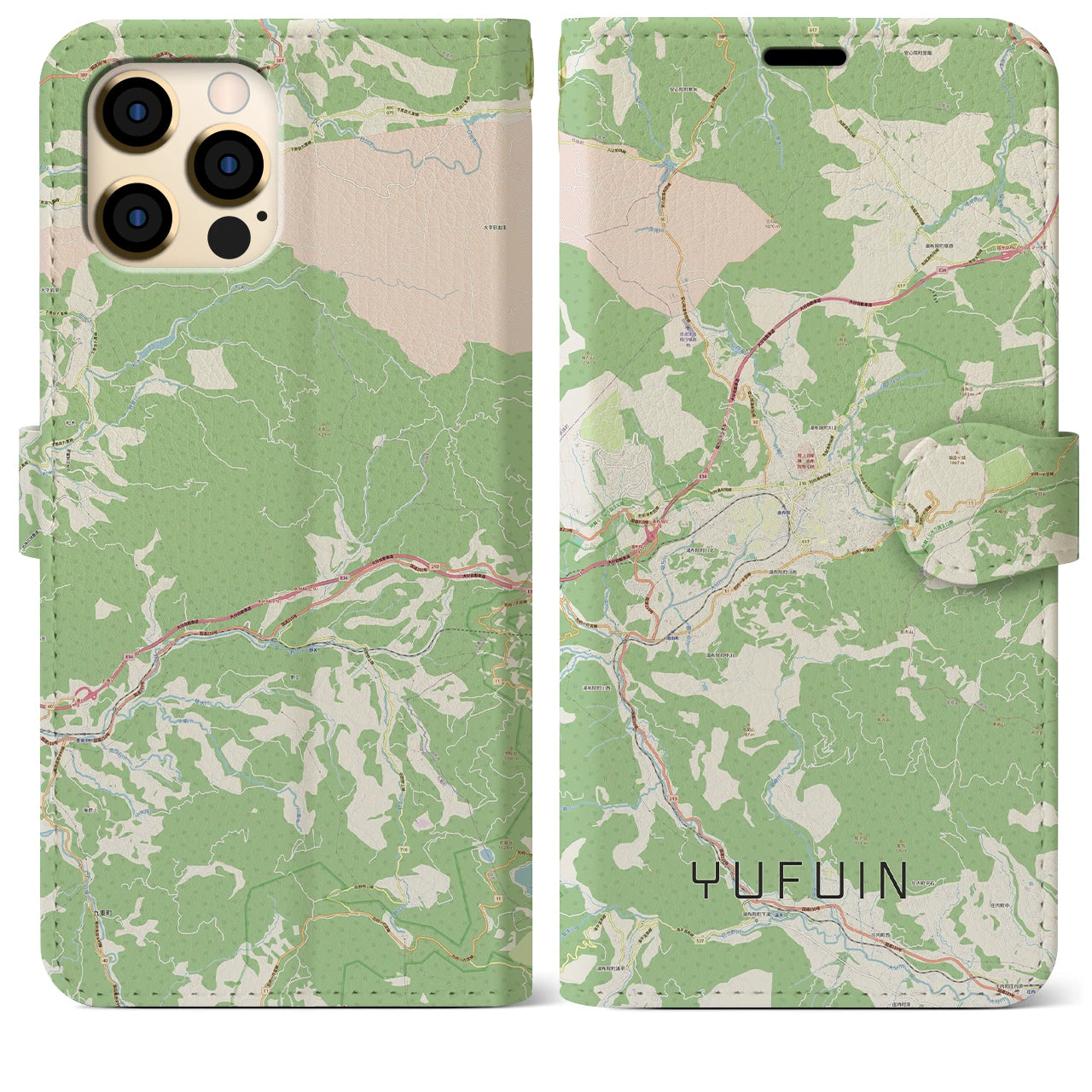 【湯布院(大分県)】地図柄iPhoneケース(手帳タイプ)ナチュラル・iPhone 12 Pro Max 用