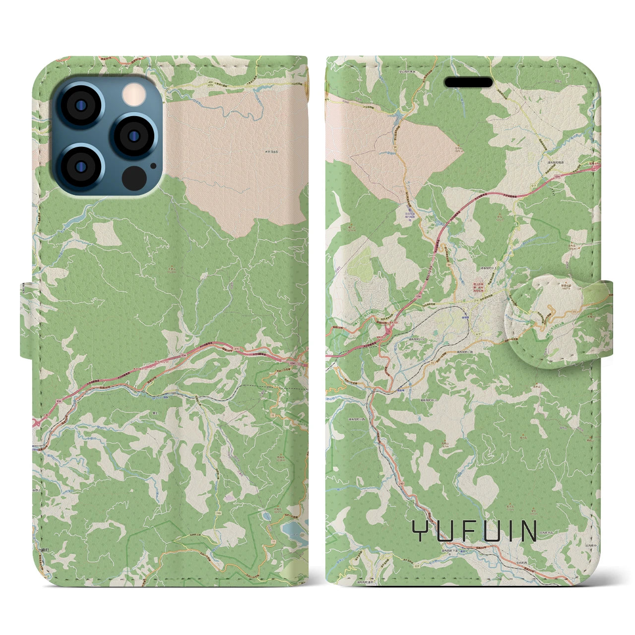 【湯布院(大分県)】地図柄iPhoneケース(手帳タイプ)ナチュラル・iPhone 12 / 12 Pro 用