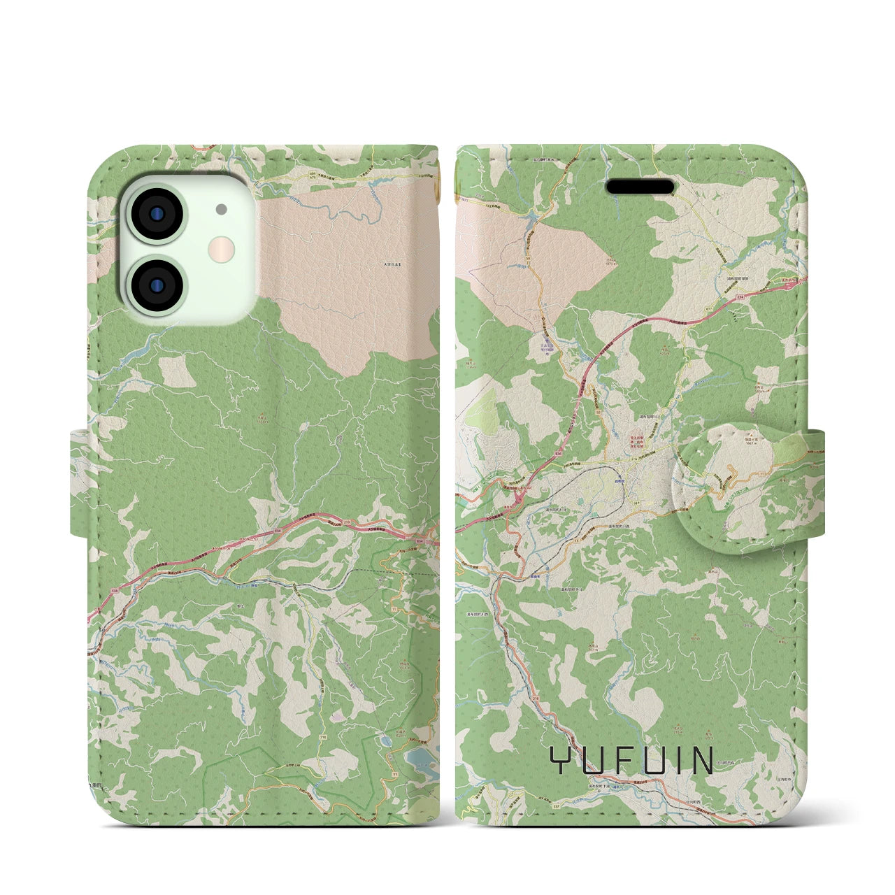 【湯布院(大分県)】地図柄iPhoneケース(手帳タイプ)ナチュラル・iPhone 12 mini 用