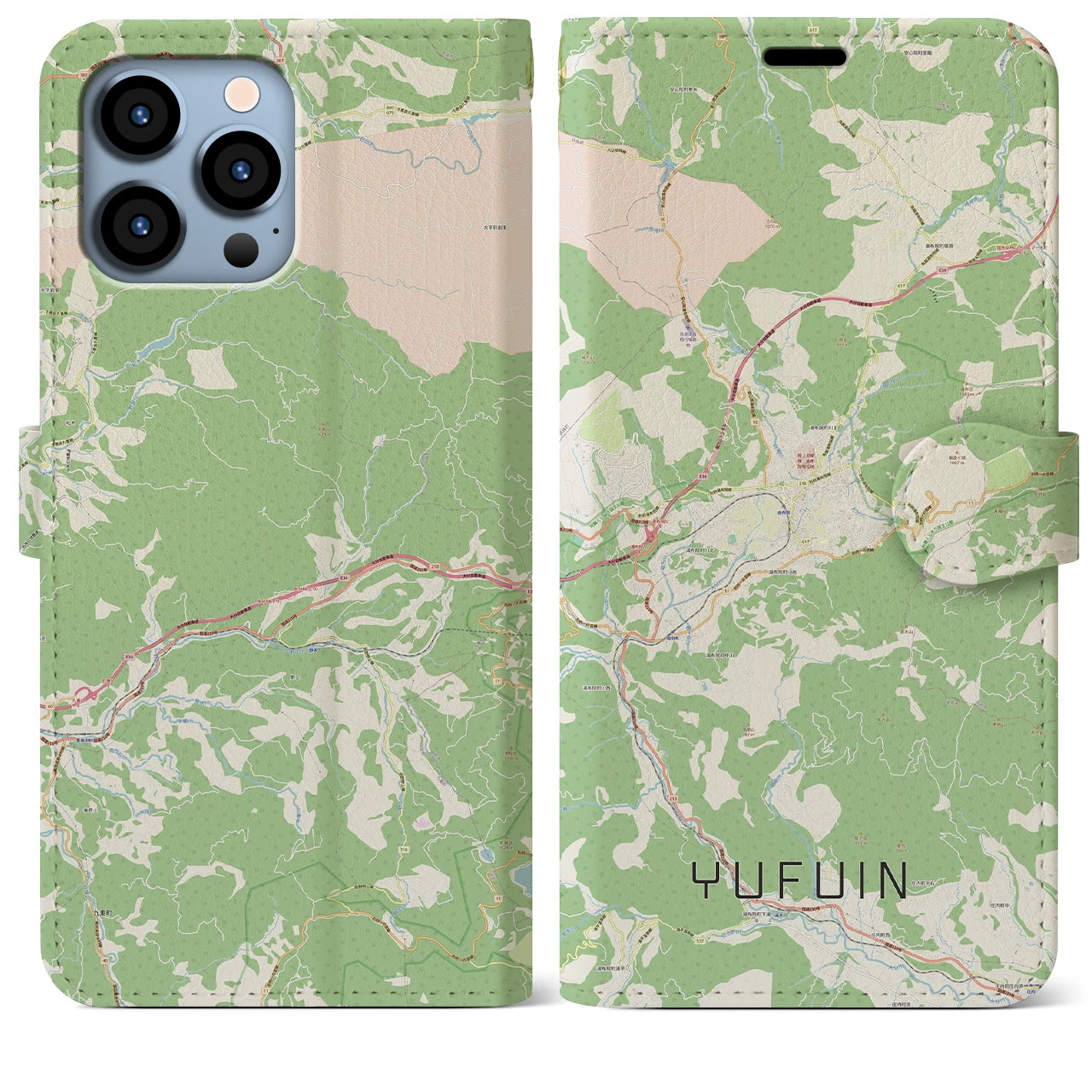 【湯布院(大分県)】地図柄iPhoneケース(手帳タイプ)ナチュラル・iPhone 13 Pro Max 用