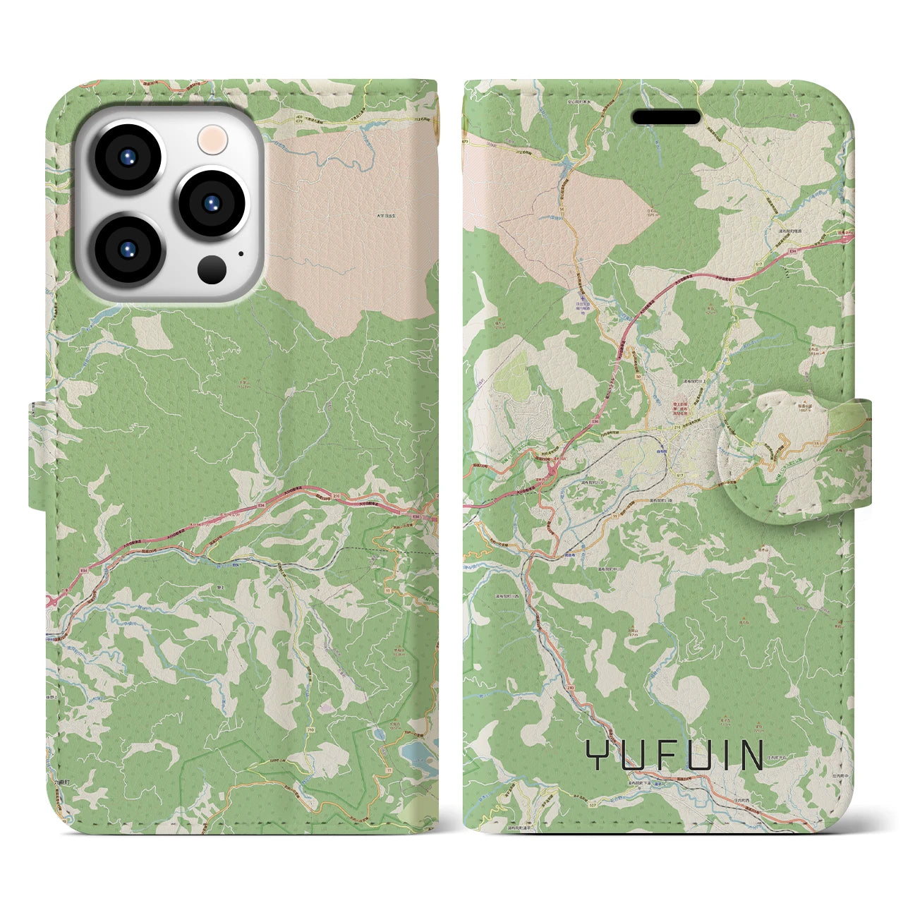 【湯布院(大分県)】地図柄iPhoneケース(手帳タイプ)ナチュラル・iPhone 13 Pro 用